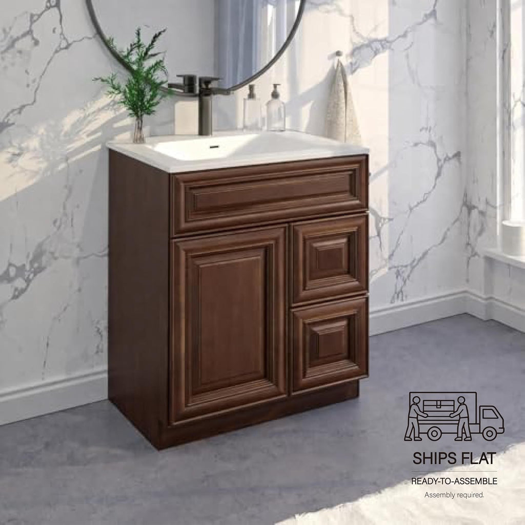 30' Shaker Bathroom Vanity Sink Base with Drawers (Ready-to-Assemble) (Maple Walnut Vanity Base)