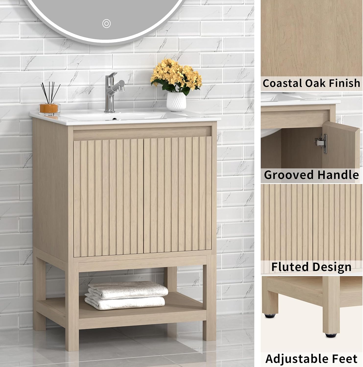 TILE & TOP Bathroom Vanity Set with Top, Sink and Backsplash, Solid Wood, Soft-Close Drawers, 1 Open Shelf, Adjustable Feet, Customer Support. (Coastal Oak, 24' Freestanding)