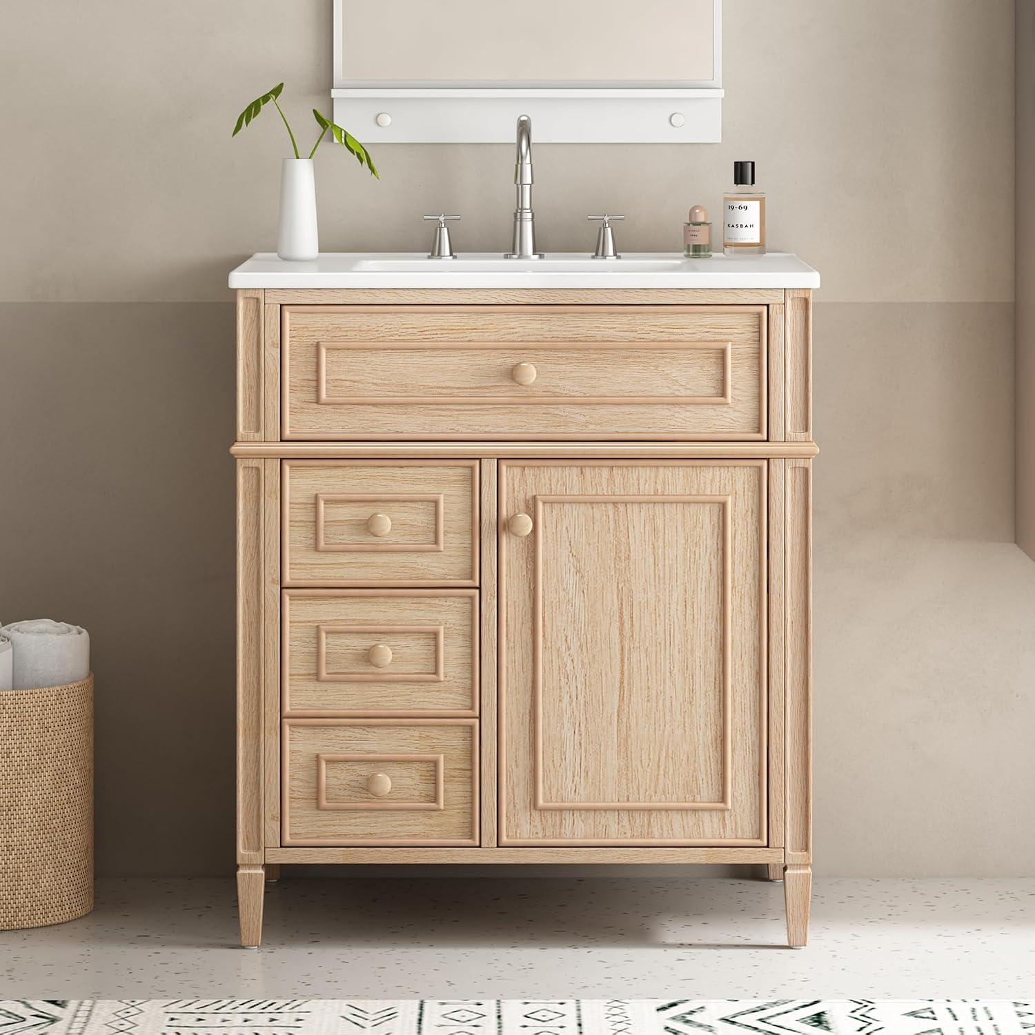 Bathroom Vanity with Sink 30 Inch, Tip-Out Drawer and Door Rack, Adjustable Shelf, Soft-Closing System, Solid Wood Legs, Light Wood