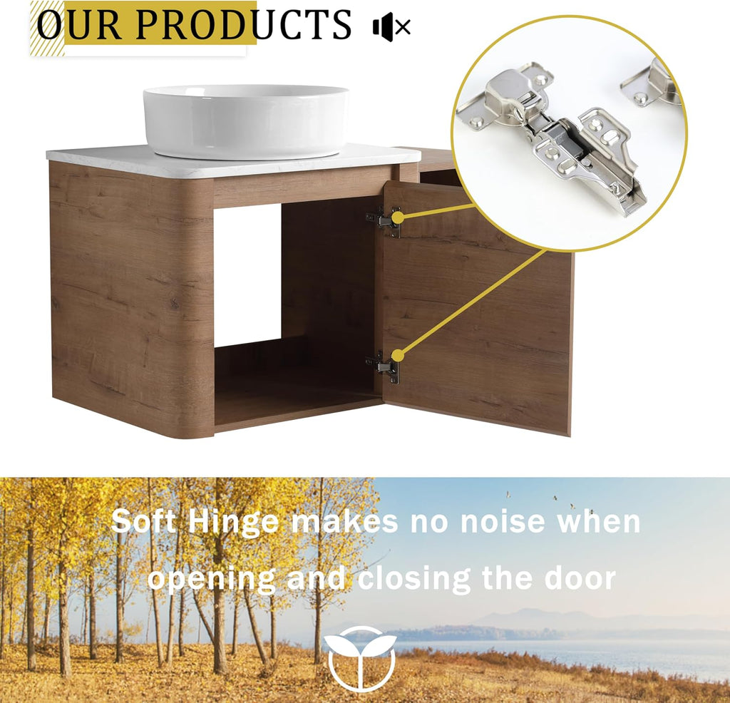 36 Inch Wall-Mounted Bathroom Vanity with Sink Combo Modern Floating Bathroom Vanitites with Round Ceramic Vessel Sink 36' Bathroom Sink Cabinet with Marble Counter Top & 1 Side Storage Shelf