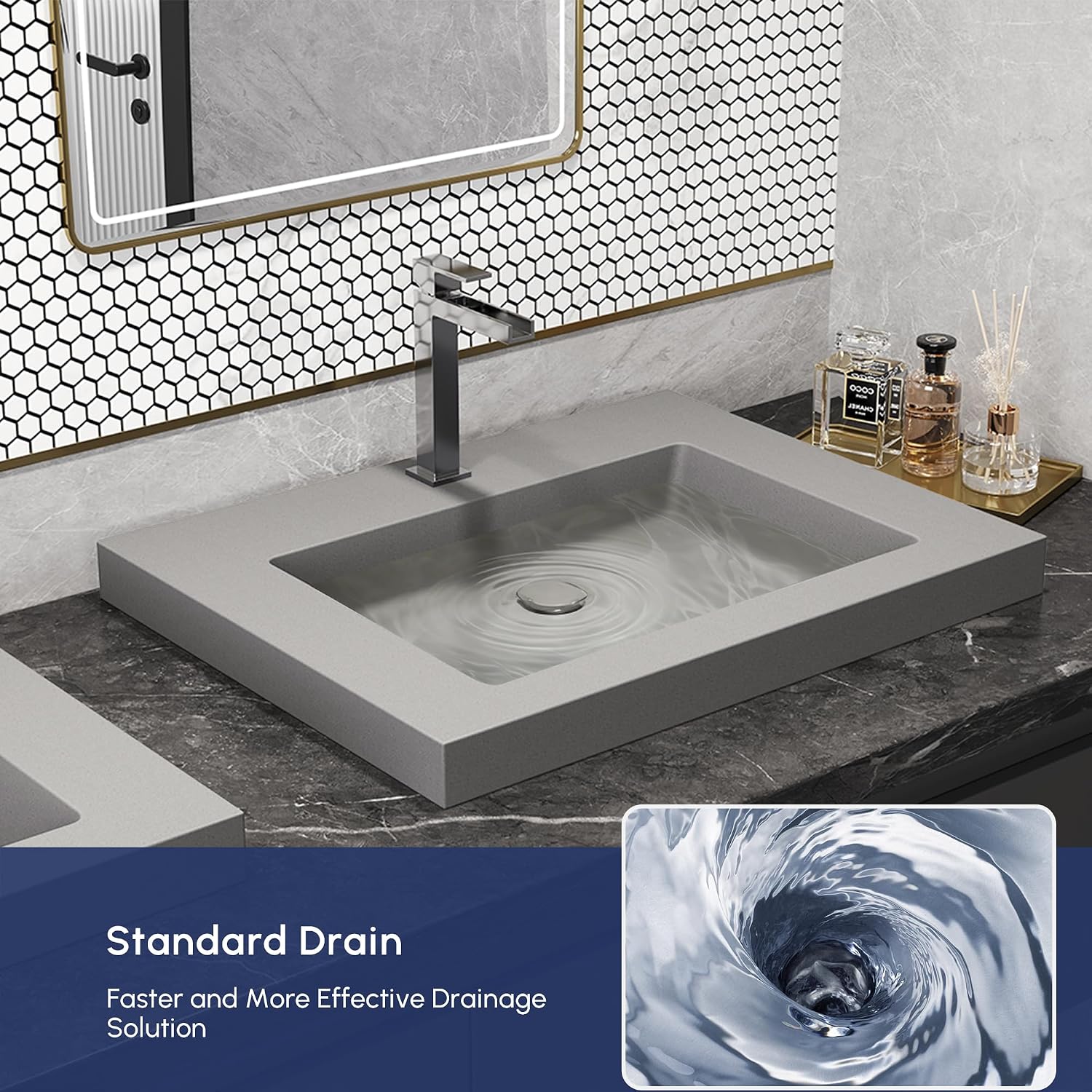 Semi Recessed Bathroom Sink, 23.4 Inch Rectangular Bathroom Vessel Sink, Drop-In Countertop Basin with Single Faucet Hole, Center Drain Assembly for Modern Vanity Cabinet, Gray