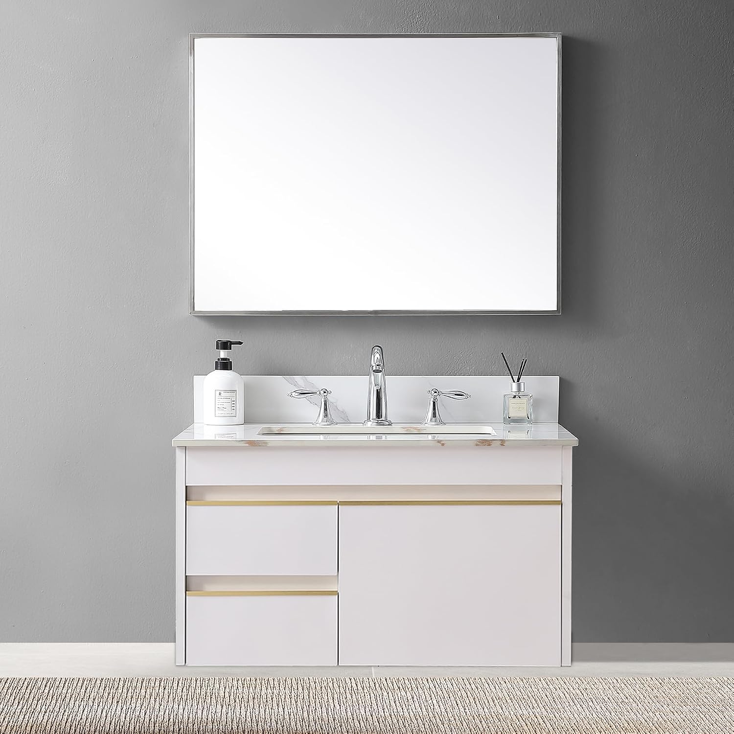 31 Inch Bathroom Vanity Top with Undermounted Large Ceramic Sink & Backsplash, Sintered Stone Artificial Marble Vanity Sink Tops with 3 hole, Carrara Gold