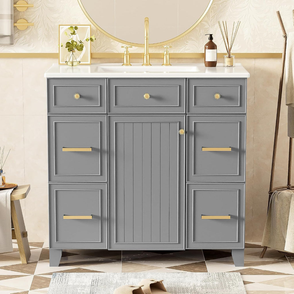 36' Bathroom Vanity Cabinet with Sink Top Combo Set, Grey, Single Sink, Shaker Cabinet with Soft Closing Door and Drawer, Grey