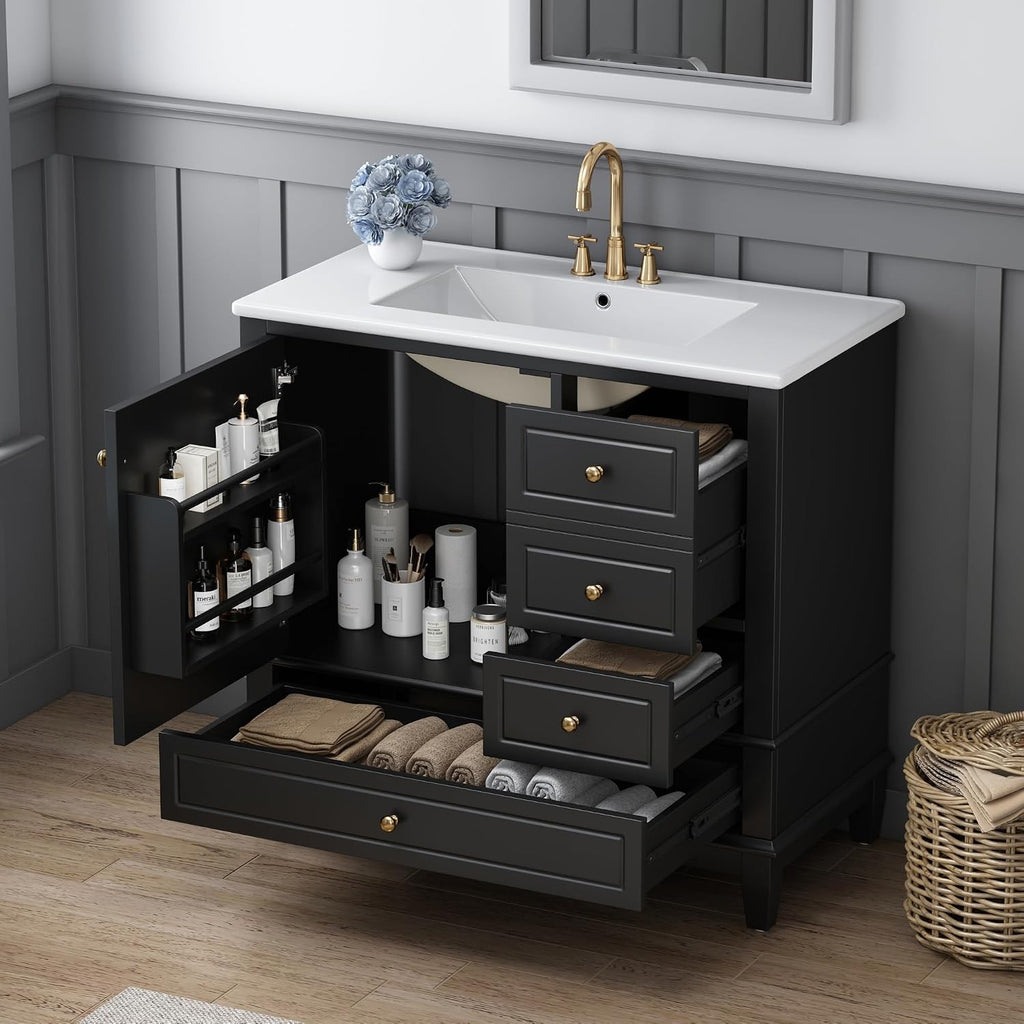 36 Inch Bathroom Vanity with Sink Set, Undermount Vanity Sink Cabinet with 3 Drawers and Door Storage, Soft Closing Door, Wood Frame, Black