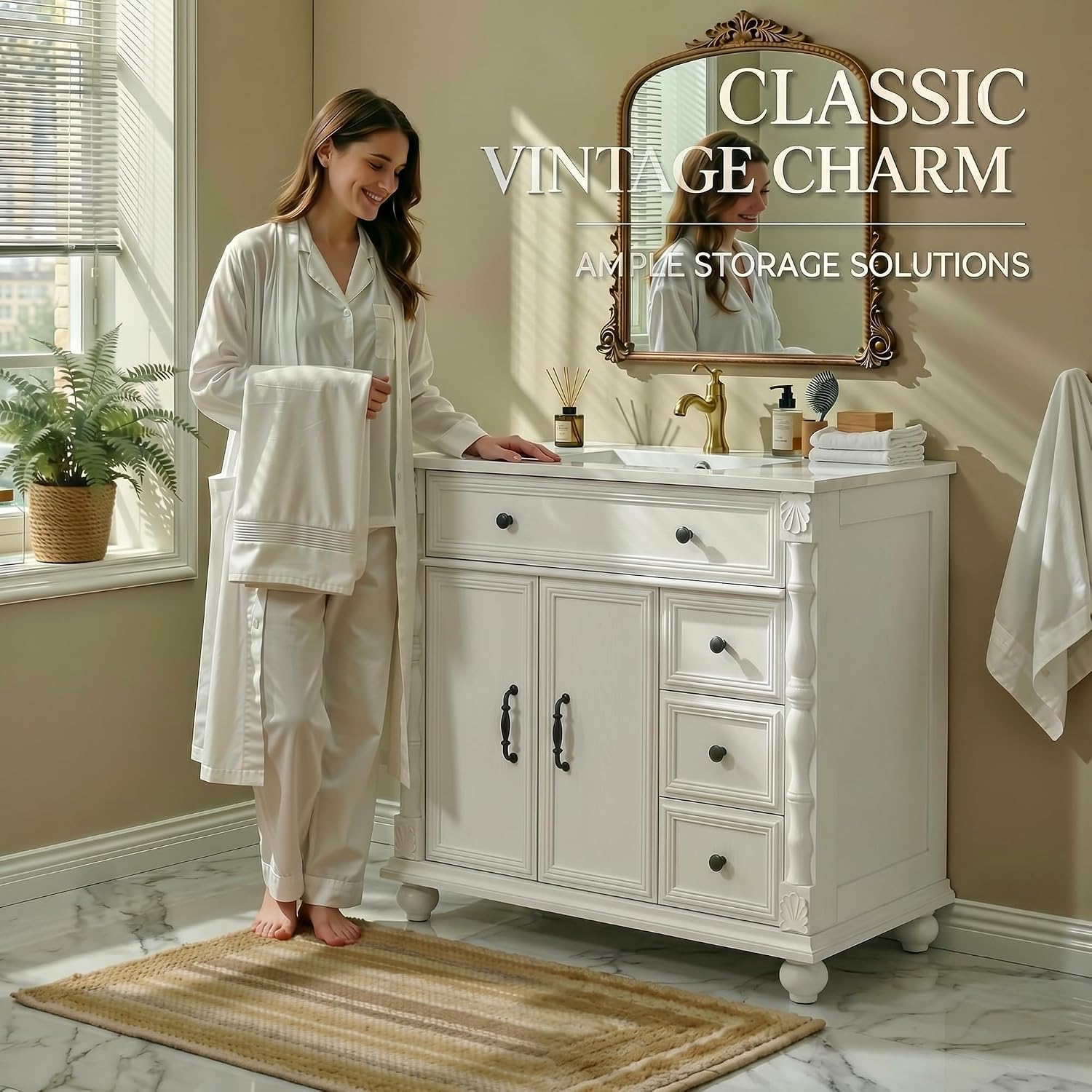 ONBRILL Bathroom Vanity with Sink Combo, Modern Bathroom Vanities with Adjustable Shelf, 4 Solid Legs, 2 Drawers, 2 Doors, Ceramic Integrated Sink, Freestanding Bath Storage Cabinet (32', White)