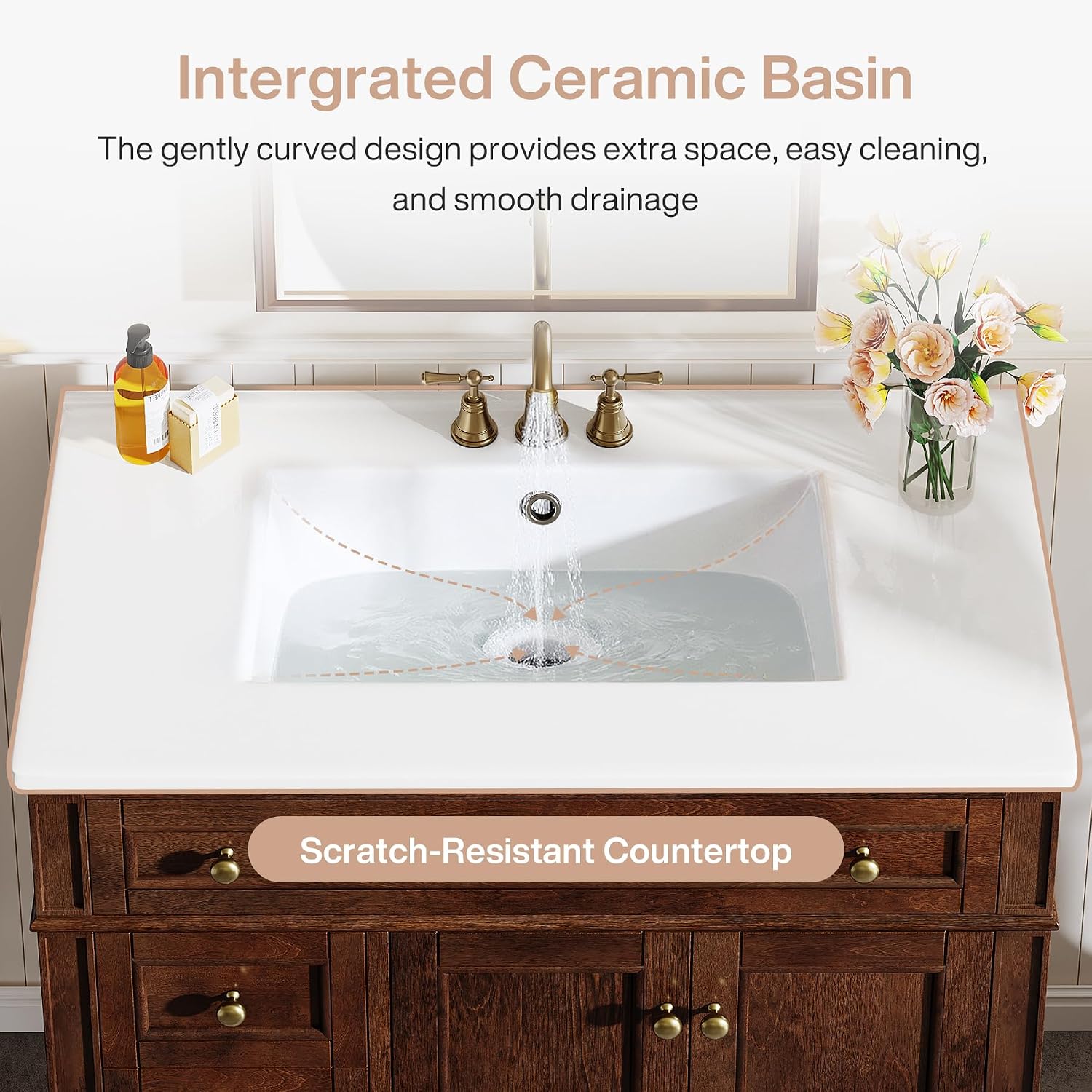 Tribesigns 36' Bathroom Vanity with Sink, Farmhouse Bathroom Sink Cabinet with 4 Drawers & 2 Doors, Bath Storage Vanity Sink with Metal Handles, Solid Wood Frame, Paint Surface Brown