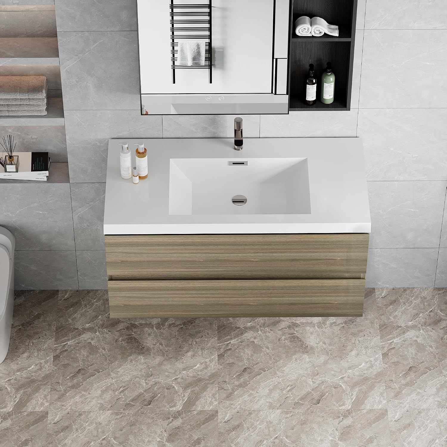 42' Floating Bathroom Vanity with Sink, Modern Wall Mounted Bathroom Storage Vanity Cabinet with Resin Top Basin and Soft Close Drawers, Ash Grey 24V11 42AG
