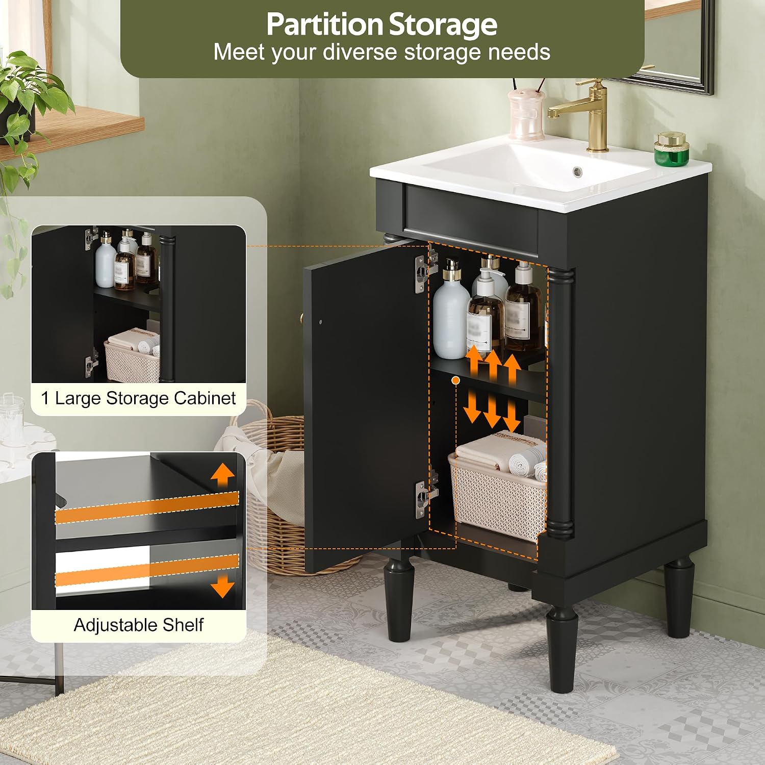 VilroCaz Modern 18'' Bathroom Vanity with Top Sink, Freestanding Bathroom Storage Cabinet with Door and Adjustable Shelf, Single Sink Cabinet with Nordic Style Legs (Black-Right-Open)