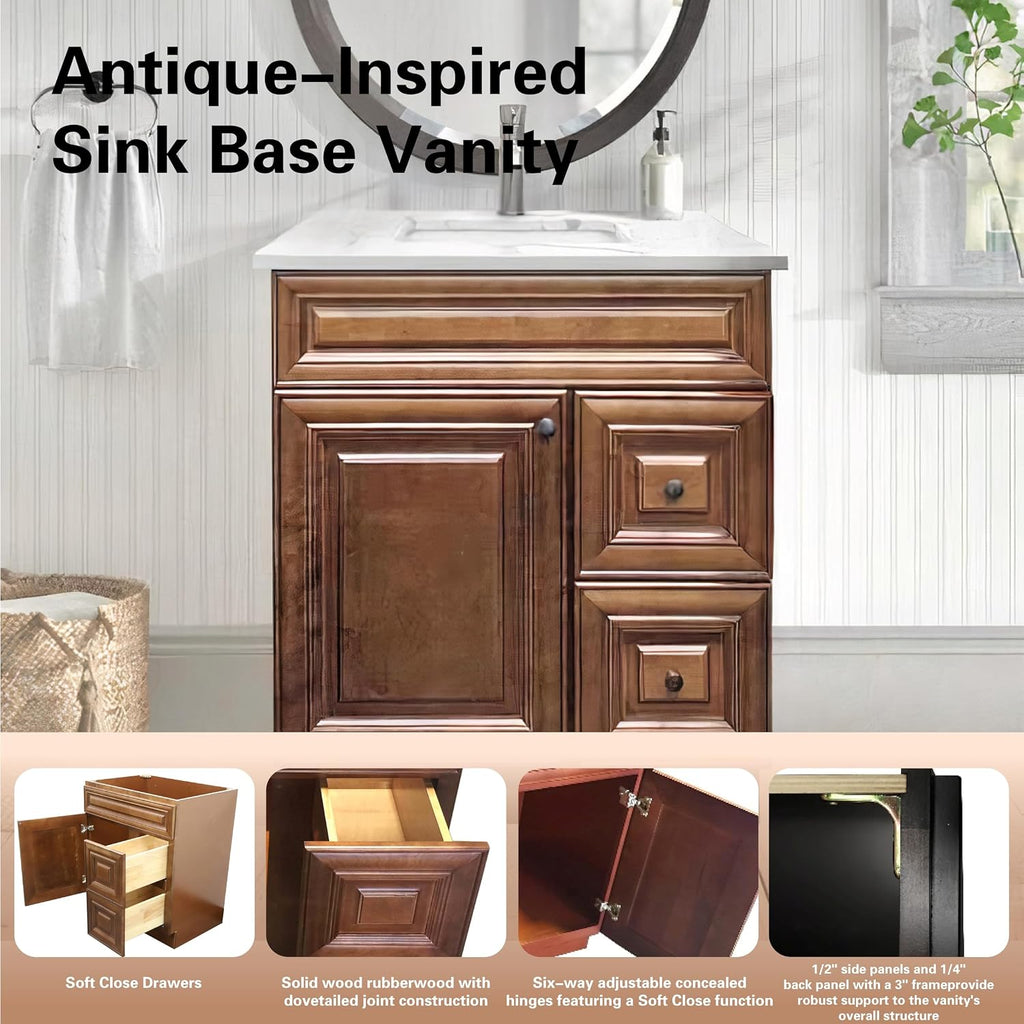 30' Shaker Bathroom Vanity Sink Base with Drawers (Ready-to-Assemble) (Maple Walnut Vanity Base)