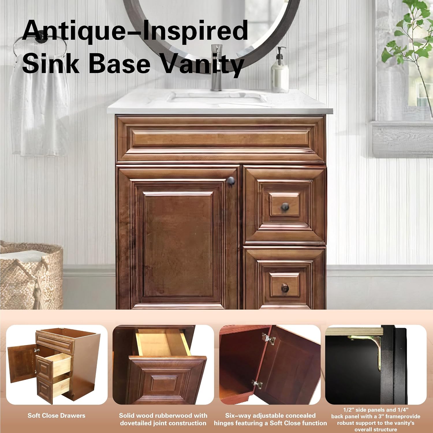 30' Shaker Bathroom Vanity Sink Base with Drawers (Ready-to-Assemble) (Maple Walnut Vanity Base)