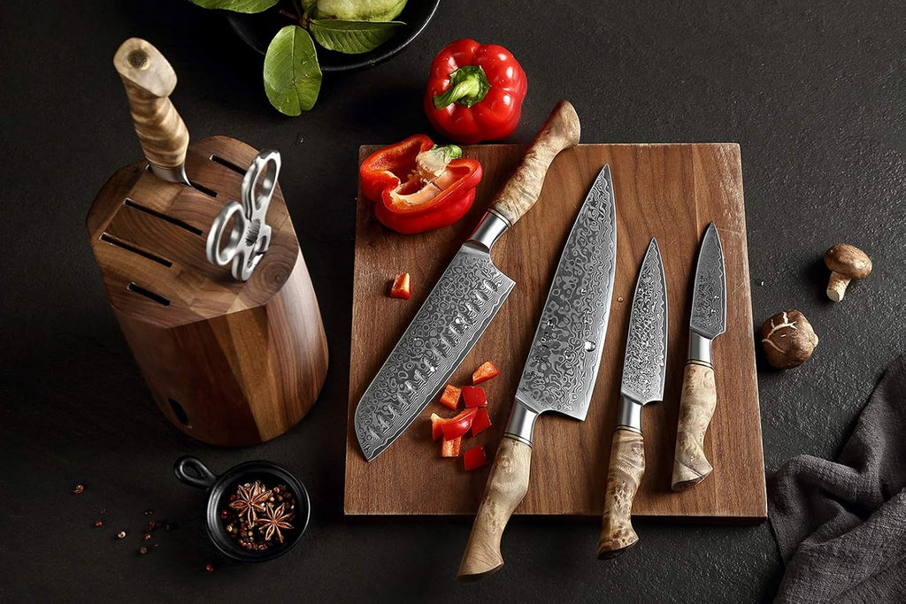 HEZHEN 7PCS Kitchen Knives Set - Professional Forging Damascus High Carbon Steel Chef Knife, Santoku, Bread, Utility, Fruit Knives & Multifunctional Kitchen Scissors - 6Slot Black Walnut Block
