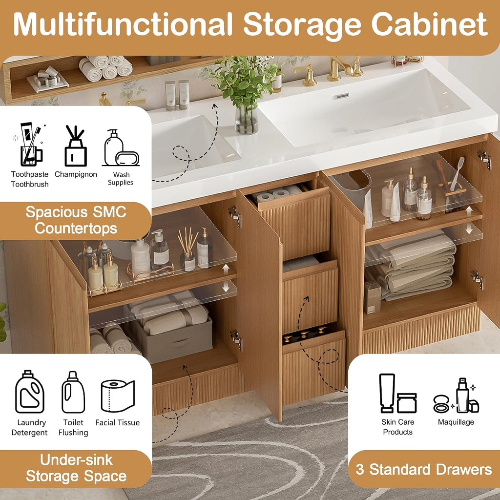 60 Inch Bathroom Vanity with Sink, Modern Fluted Freestanding Double Bathroom Vanity Cabinet with 4 Soft Closing Doors & 3 Drawers, Waterproof Lacquer Finish for Master Bathroom & Family Home
