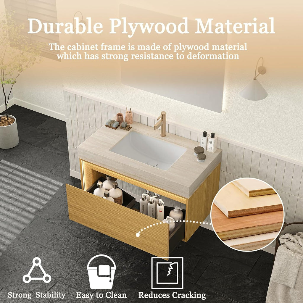 Eleshine 36' Floating Bathroom Vanity with Single Sink, Fluted Cabinet, Sensor LED Light, Roma Travertine Countertop, Light Oak, Pre-Assembled