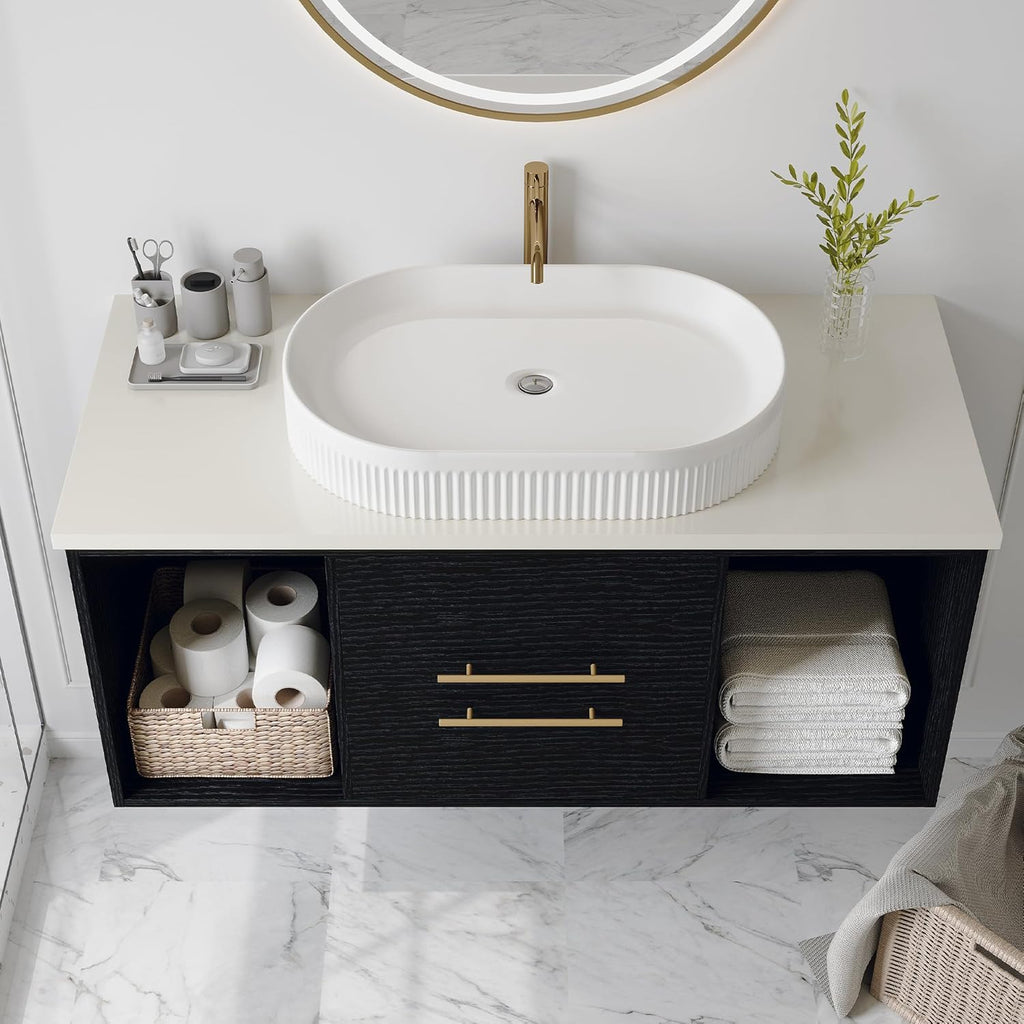 40 Inch Modern Bathroom Vanity Floating Bathroom Vanities with Above Oval Sink 40' Wall Mounted Bathroom Sink Cabinet with 2 Drawers & 2 Open Shelves & Gold Metal Handle, Black