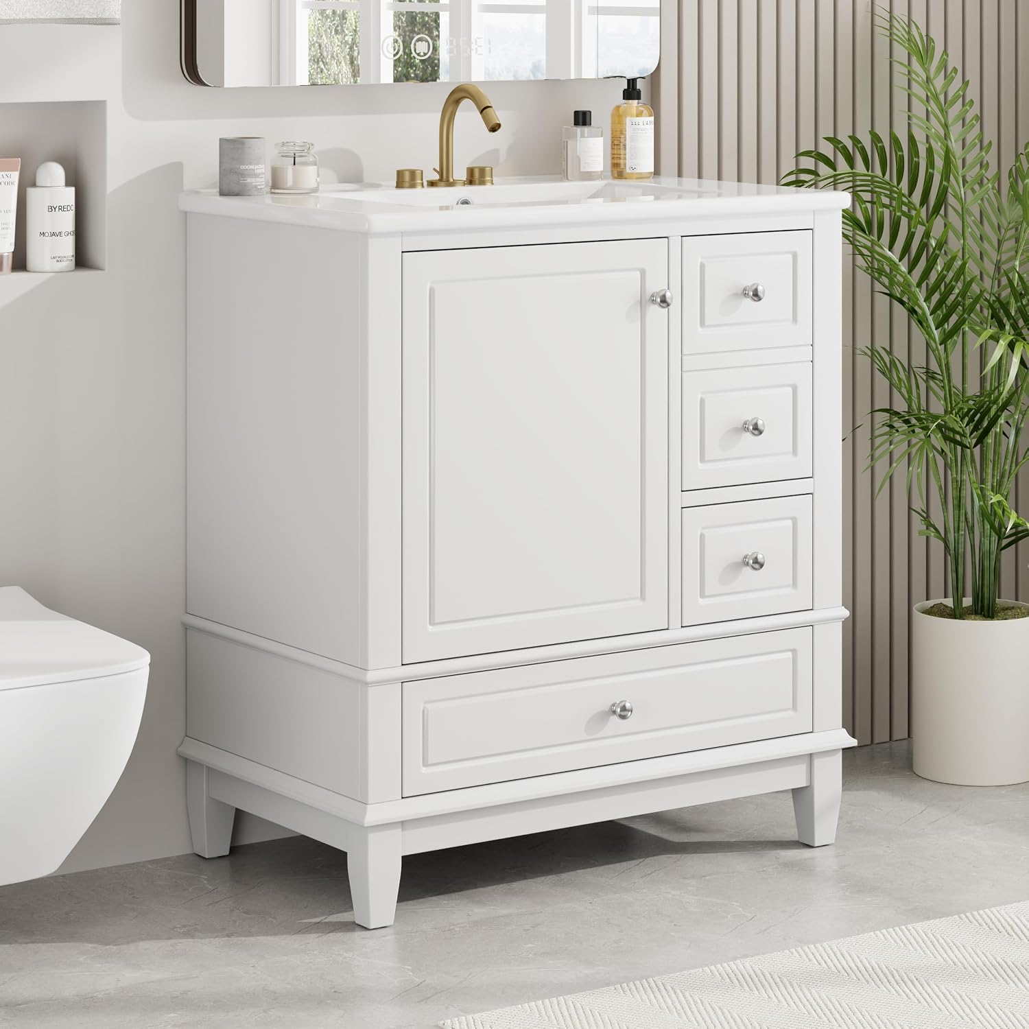 Mirightone 30' Vanity with Sink, Bathroom Vanities 30 Inch with Sink, Single Sink Bathroom Vanity with Door Shelf and Three Drawers, Restroom Vanity with Sink Top (White)