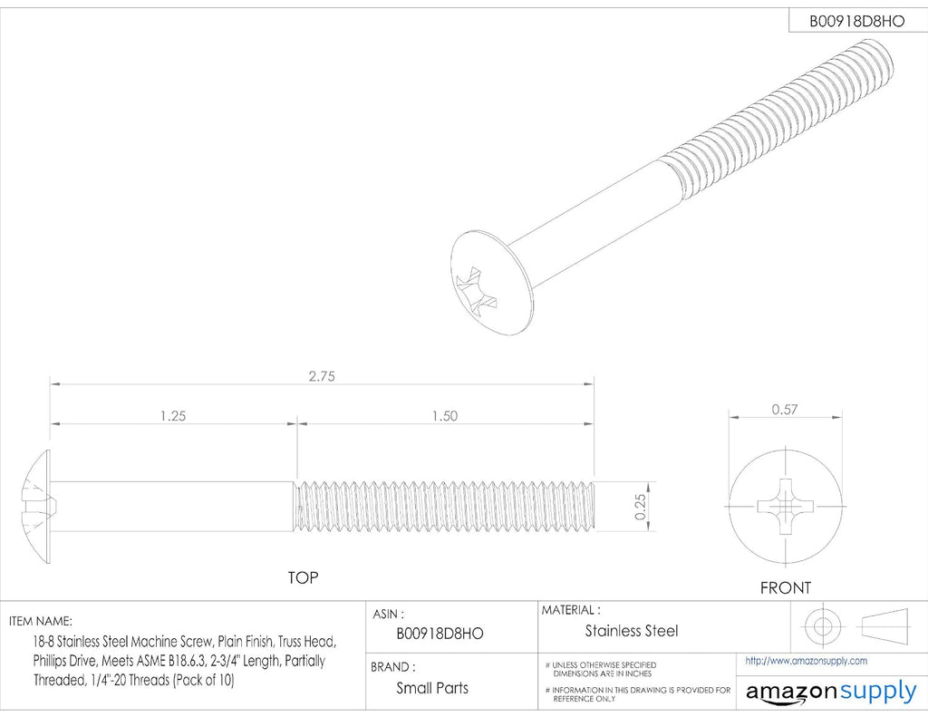 18-8 Stainless Steel Machine Screw, Plain Finish, Truss Head, Phillips Drive, Meets ASME B18.6.3, 2-3/4' Length, Partially Threaded, 1/4'-20 UNC Threads (Pack of 10)