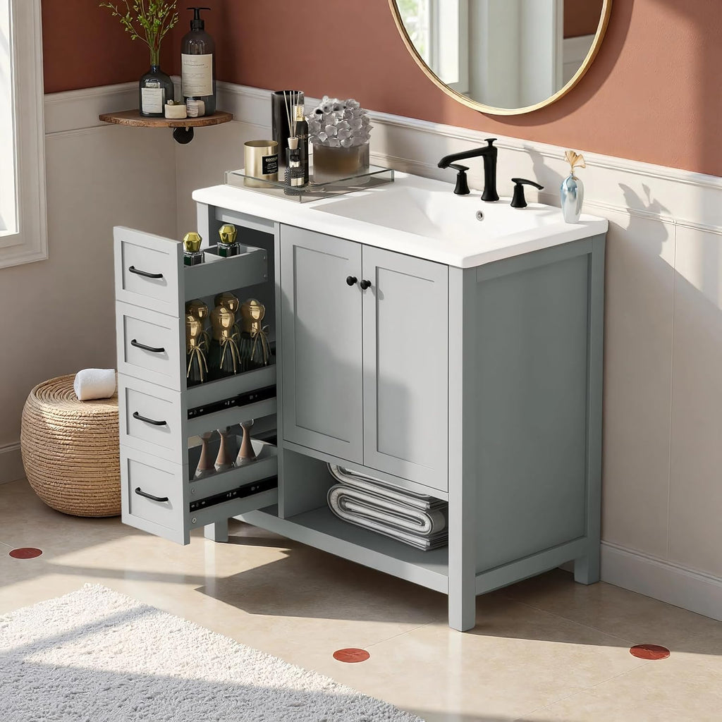 LUMISOL 36' Bathroom Vanity with Ceramic Sink, Modern Bathroom Vanities with 2 Drawers, Soft-Close Doors & Open Shelf, Solid Wood Bathroom Sink Cabinet with Offset Sink, Gray