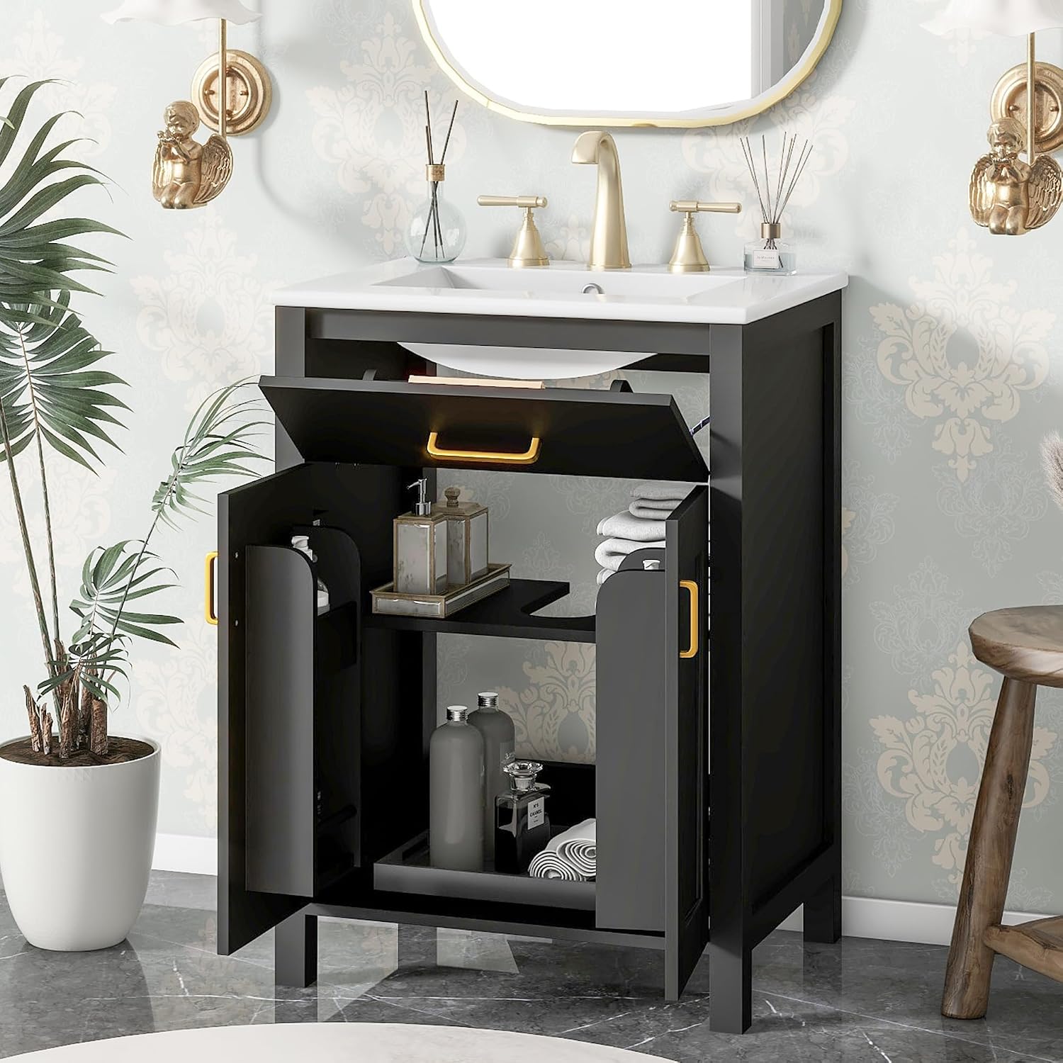 Harper & Bright Designs 24' Bathroom Vanity with Sink, Free Standing Single Basin Vanity Set with 2 Soft-Close Doors and Drawer, Modern Wooden Bathroom Cabinet with Ceramic Basin for Bathroom, Black