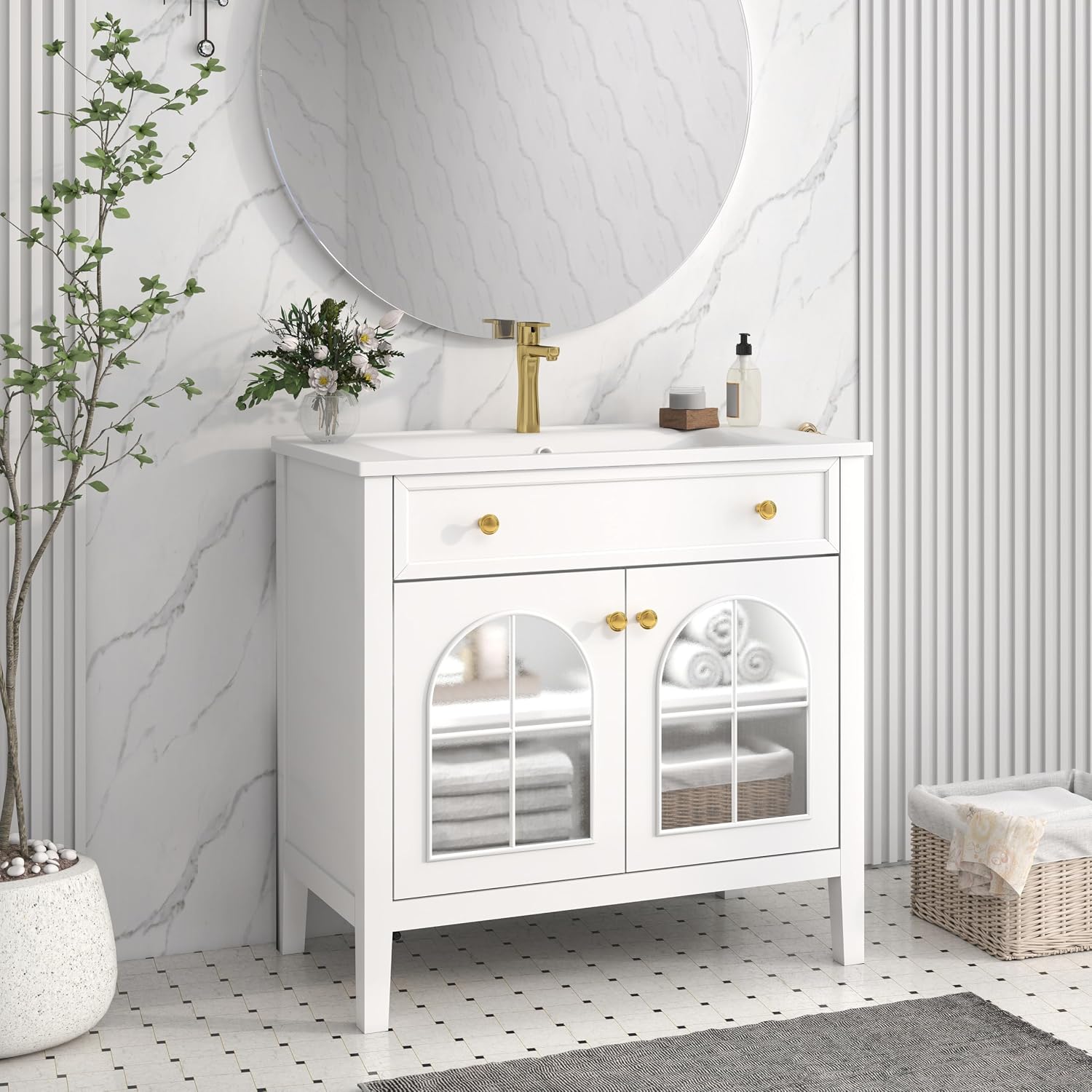 36 inch Bathroom Vanity with Sink Combo, Mid Century Modern Freestanding Bathroom Cabinet with Integrated Ceramic Sink, Flip Top Drawer, Flower Patterned Glass Doors, Adjustable Shelves, White