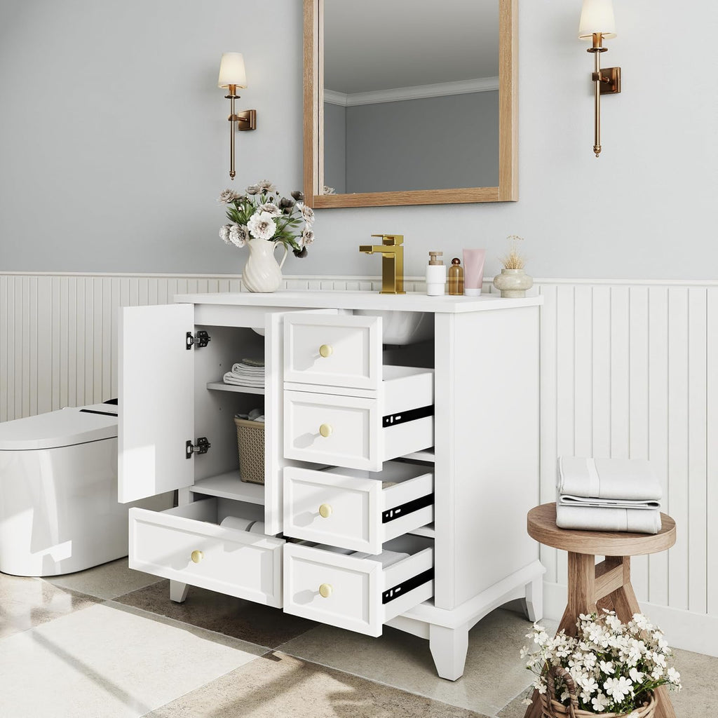36 inch Bathroom Vanity with Sink Combo, Mid Century Modern Freestanding Bathroom Cabinet with Integrated Ceramic Sink, 4 Storage Drawers, 2 Soft Closed Doors, Adjustable Shelves, Golden Handle, White