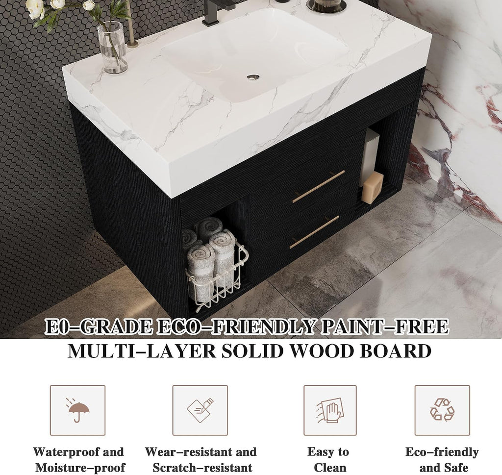 30' Bathroom Vanity with Sink Set, Modern Black Wall Mounted Bathroom Vanity Cabinet with Sintered Stone Top&Gold Handle 2 Drawers&2 Open Storage, Single Sink Floating Bathroom Vanity