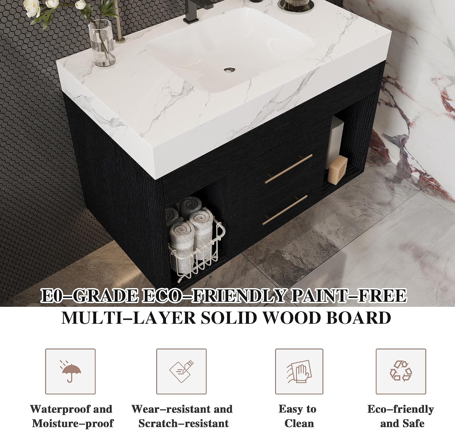 30' Bathroom Vanity with Sink Set, Modern Black Wall Mounted Bathroom Vanity Cabinet with Sintered Stone Top&Gold Handle 2 Drawers&2 Open Storage, Single Sink Floating Bathroom Vanity