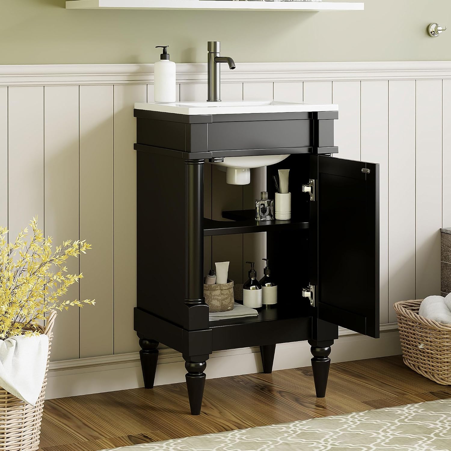 VilroCaz Modern 18'' Bathroom Vanity with Top Sink, Freestanding Bathroom Storage Cabinet with Door and Adjustable Shelf, Single Sink Cabinet with Nordic Style Legs (Black-Retro)