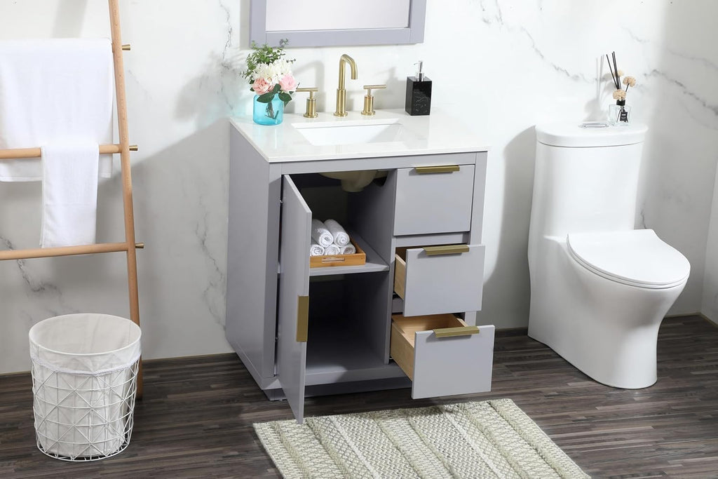 30 Single Bathroom Vanity, with Engineered Marble Top Soft-Close, Grey