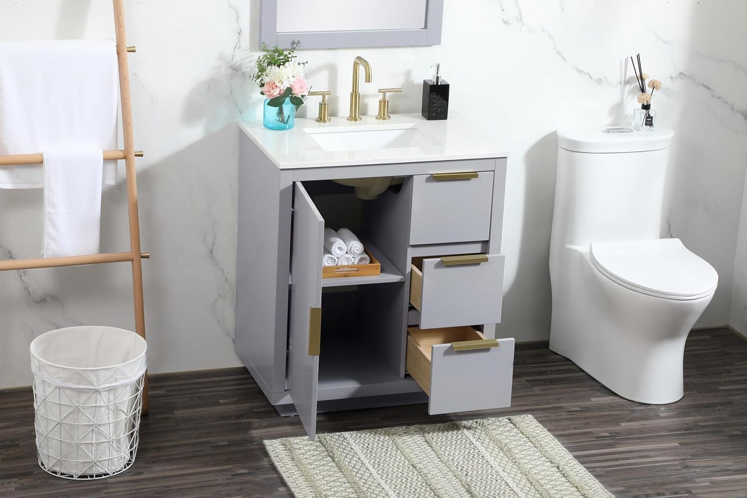 30 Single Bathroom Vanity, with Engineered Marble Top Soft-Close, Grey