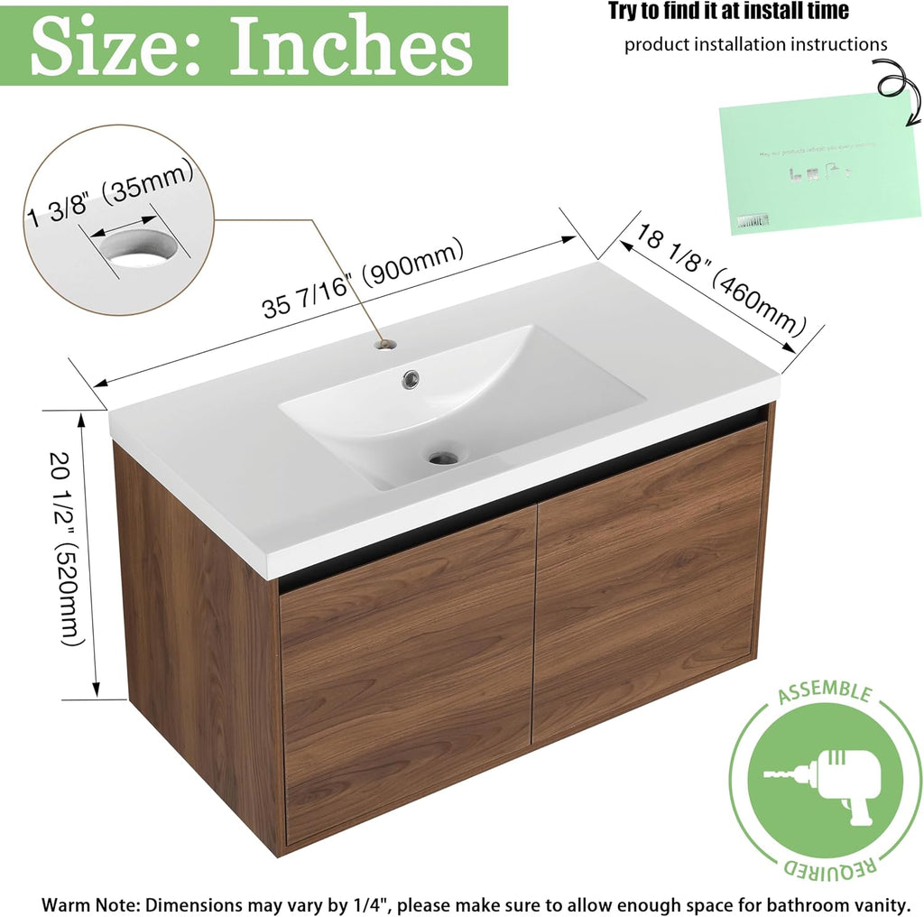 36 inch Bathroom Vanity with Sink, Wall-Mounted Floating Vanity with 2 Soft-Close Doors, Easy Assembly, Engineered Wood in Elegant Brown, Modern Style for Bathroom