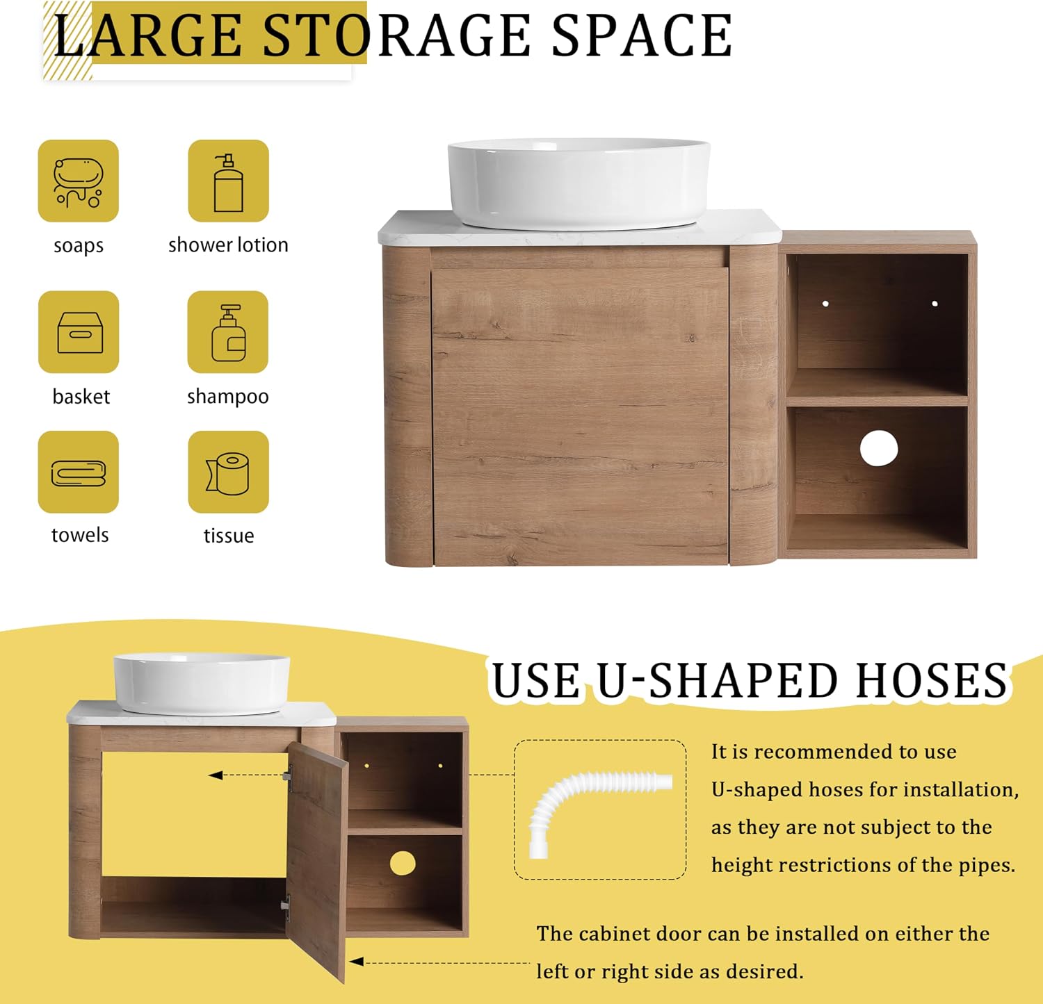 36 Inch Wall-Mounted Bathroom Vanity with Sink Combo Modern Floating Bathroom Vanitites with Round Ceramic Vessel Sink 36' Bathroom Sink Cabinet with Marble Counter Top & 1 Side Storage Shelf