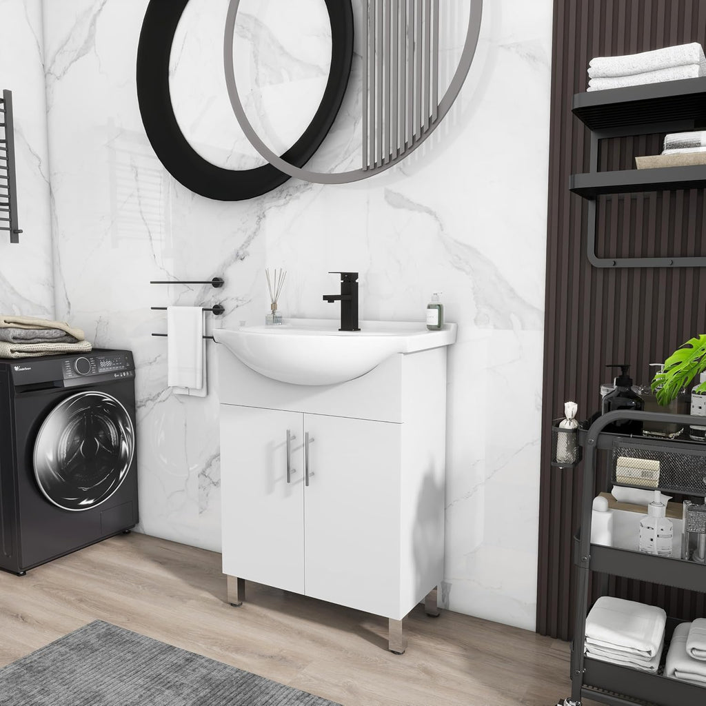 LUCKWIND 24 Inch White Laundry Sink Cabinet Set with Ceramic Belly Bowl Sink and Faucet - Bathroom Vanity Combo, Ceramic Utility Sink for Laundry, Utility Room, Bathroom, Kitchen