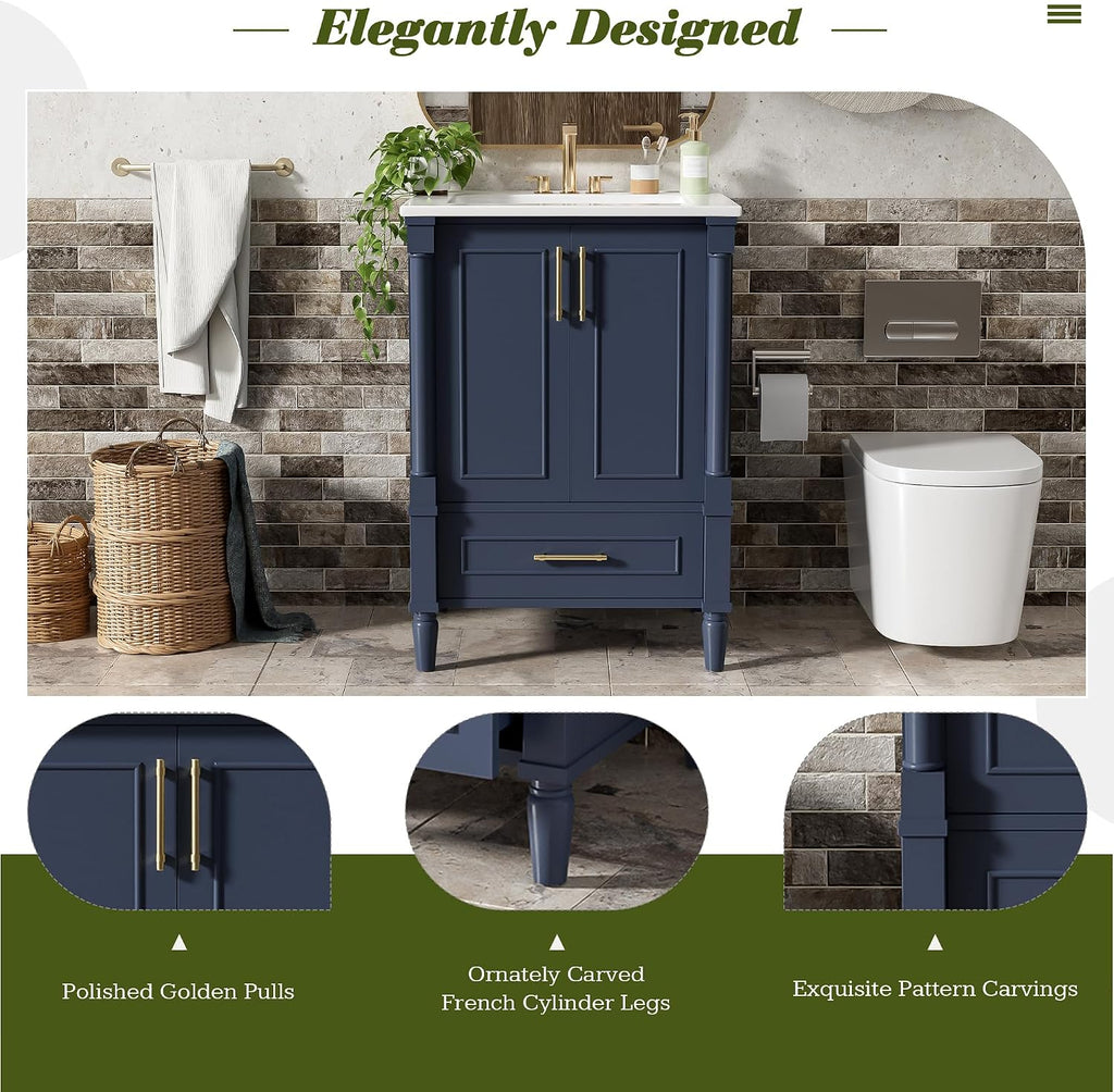 VilroCaz 24' Modern Bathroom Vanity with Ceramic Sink, Ornate Motif Design Doors & Soft-Close Hinges, Wood Bathroom Cabinet with Drawer, Ornately Carved French Cylinder Legs (Dark Blue-4.23)