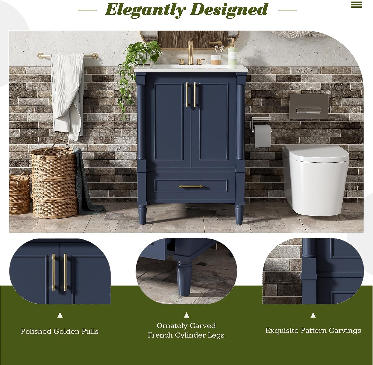 VilroCaz 24' Modern Bathroom Vanity with Ceramic Sink, Ornate Motif Design Doors & Soft-Close Hinges, Wood Bathroom Cabinet with Drawer, Ornately Carved French Cylinder Legs (Dark Blue-4.23)