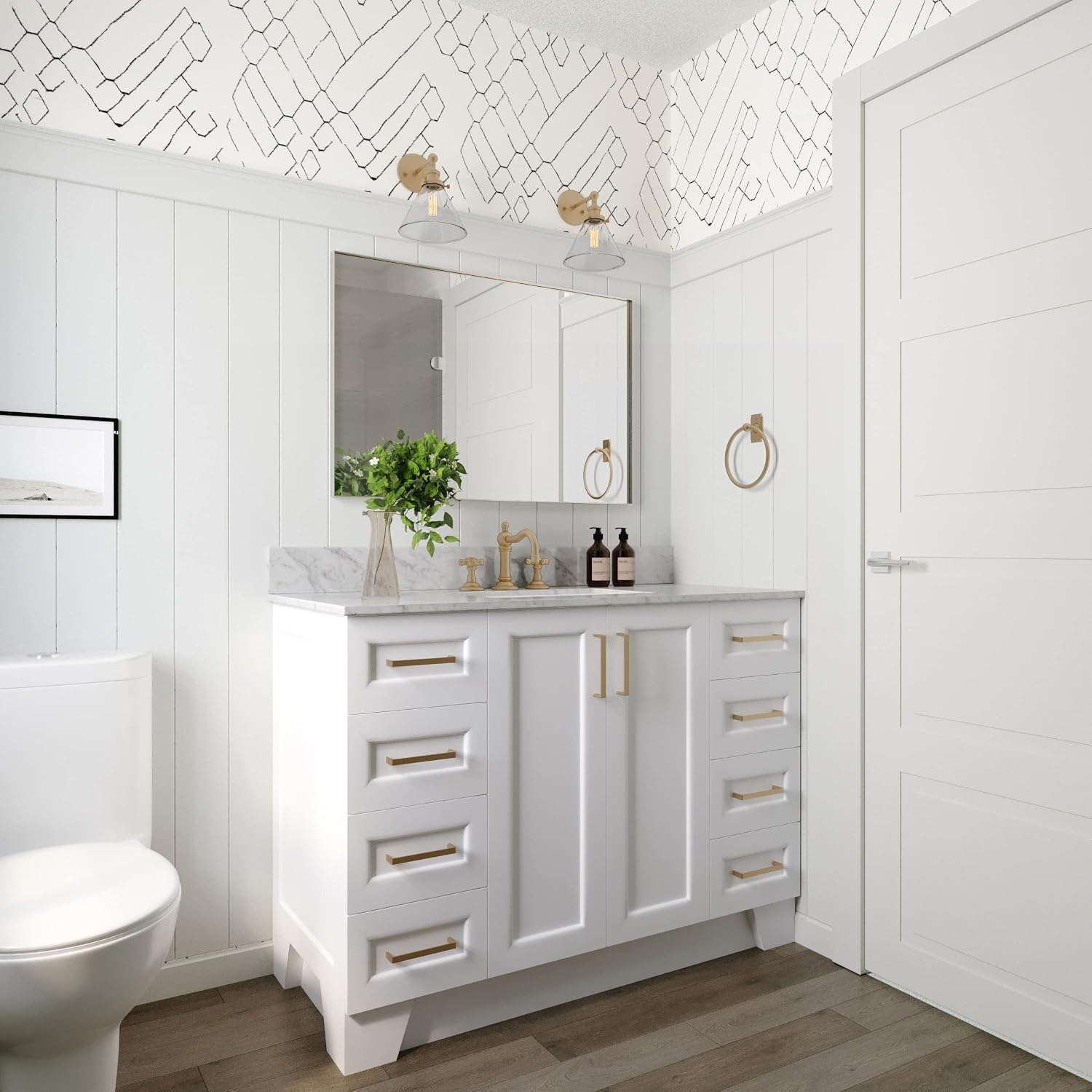 ARIEL Taylor 48-inch Bathroom Vanity with Sink,Solid Wood, 0.75-inch Italian Carrara Marble Countertop, Single Rectangular Porcelain Sink, 2 Soft Closing Doors, 9 Dovetail Drawers, White