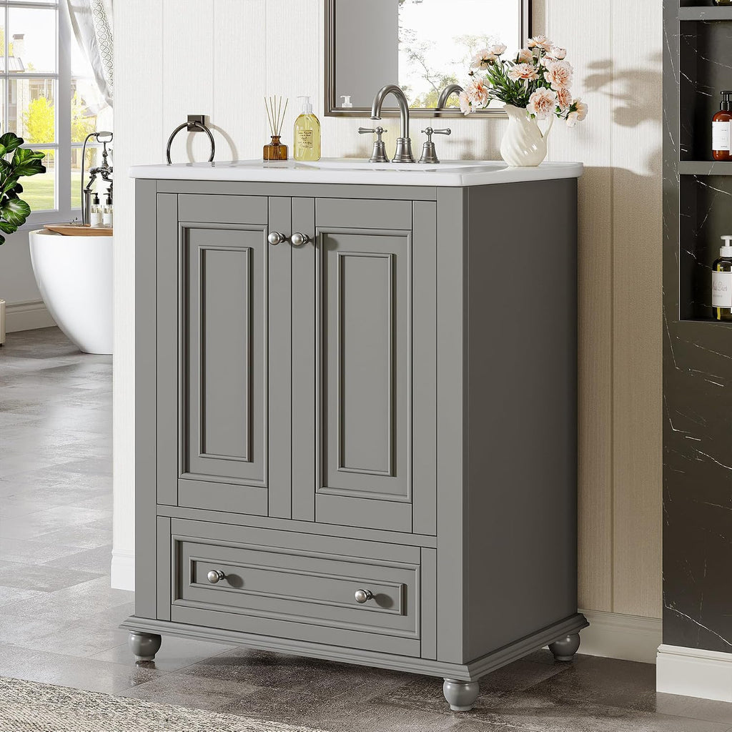 Tribesigns 24' Bathroom Vanity with Ceramic Sink Combo, Freestanding Bathroom vanities Storage Cabinet with 2 Doors & 1 Drawer, Solid Wooden Frame & Coated Surface, Metal Handle (Grey, 24 Inch)