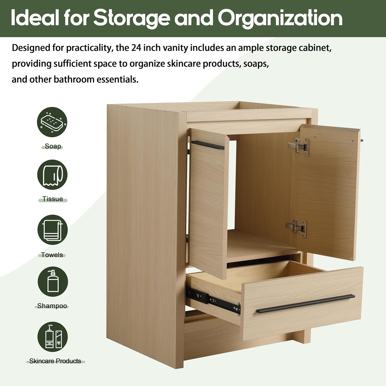 24 Inch Bathroom Vanity Without Sink, 24' Freestanding Vanity Without Sink Top, Sturdy Plywood Wooden Cabinet and 1 Drawer with Stainless Steel Slide Rails, Modern Floor-Standing Cabinet