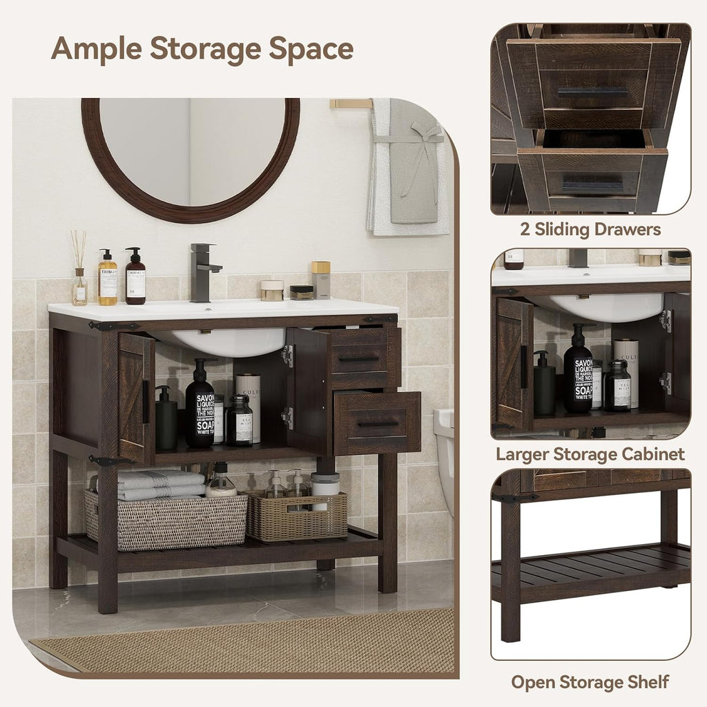 YOURLITE 36' Bathroom Vanity with Sink Combo, Rustic Farmhouse Vanity Cabinet with Under Mount Sink and Faucet, Two Sliding Drawers and Open Shelf, Rustic Brown