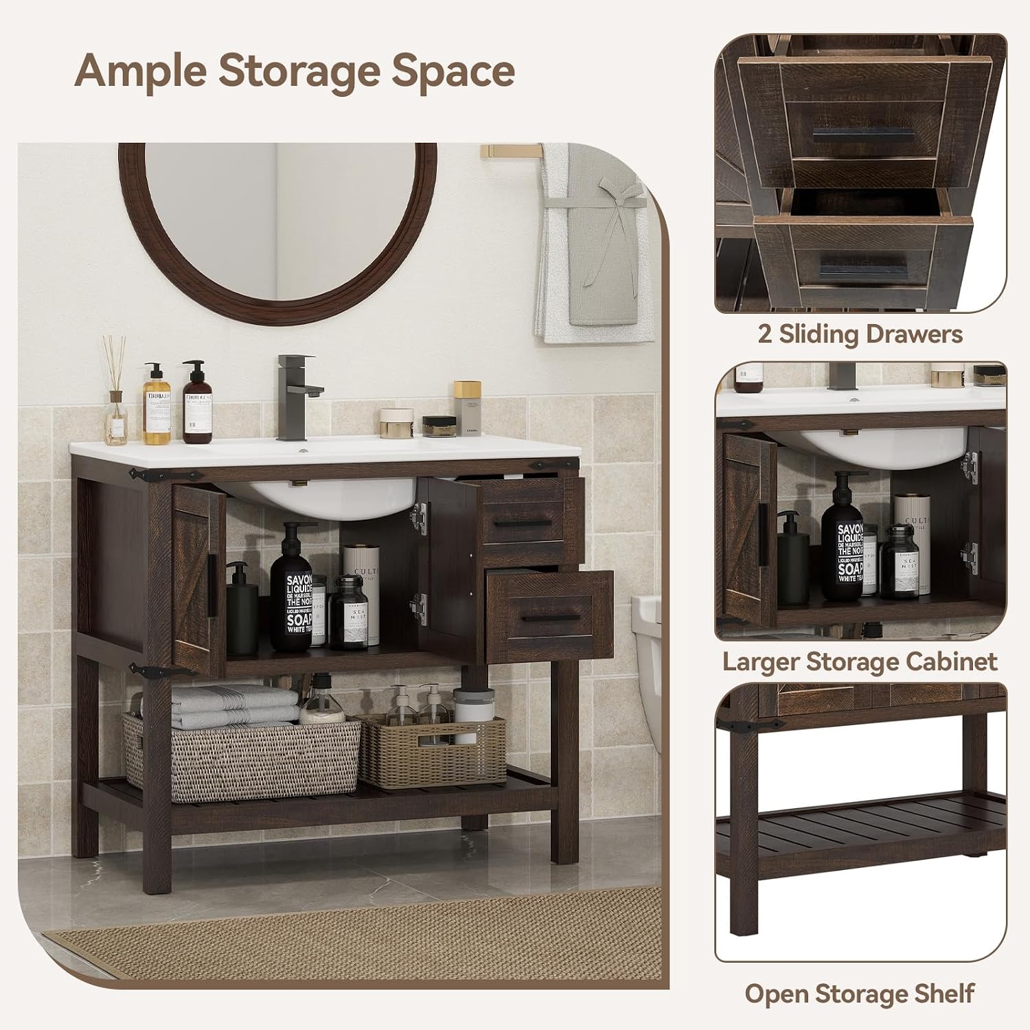 YOURLITE 36' Bathroom Vanity with Sink Combo, Rustic Farmhouse Vanity Cabinet with Under Mount Sink and Faucet, Two Sliding Drawers and Open Shelf, Rustic Brown