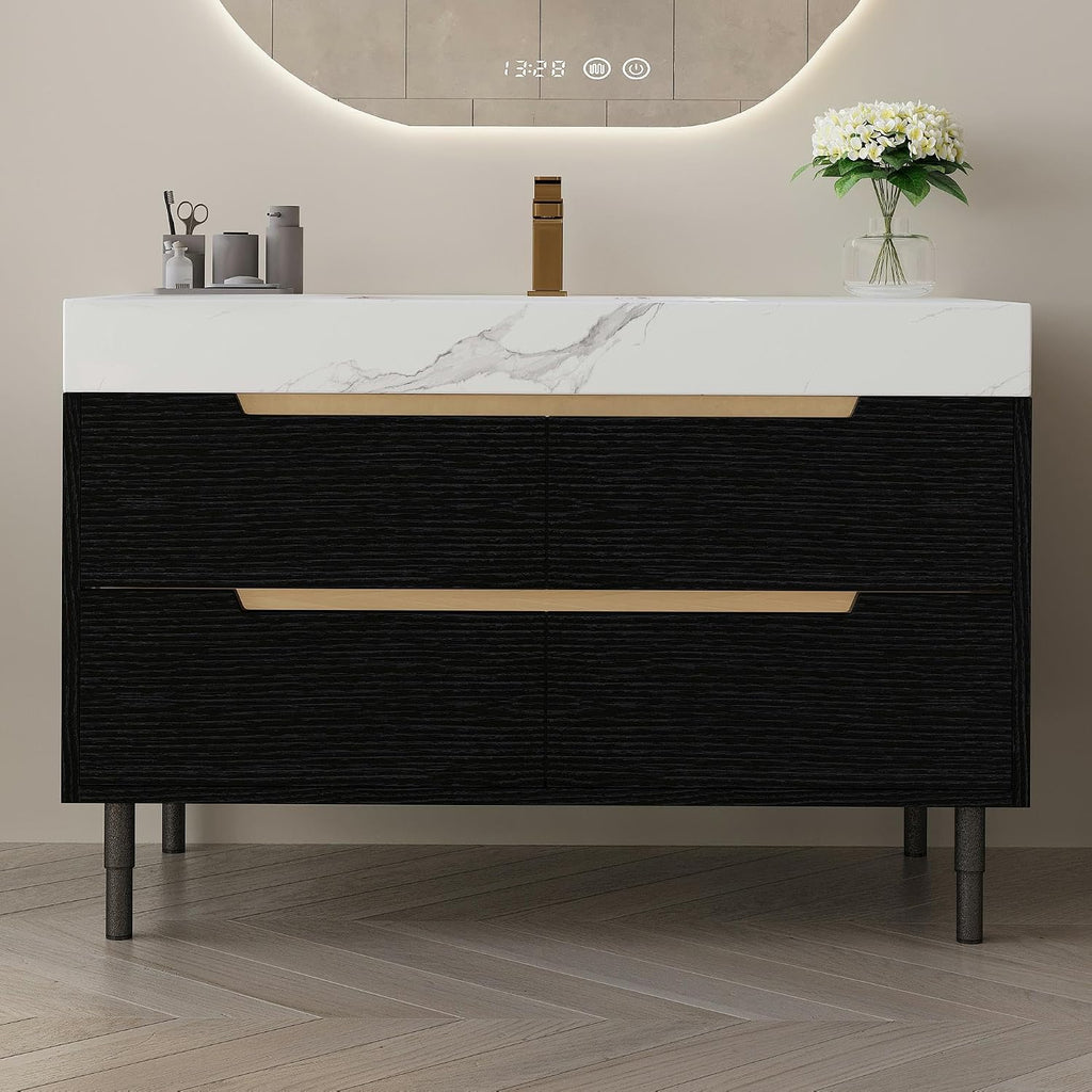 Glintee 36' Modern Bathroom Vanity with Ceramic Sink – Sintered Stone Top, 4 Soft-Close Drawers, Sturdy Solid Wood Cabinet, Wall-Mounted or Freestanding, Easy Assembly, Black & White
