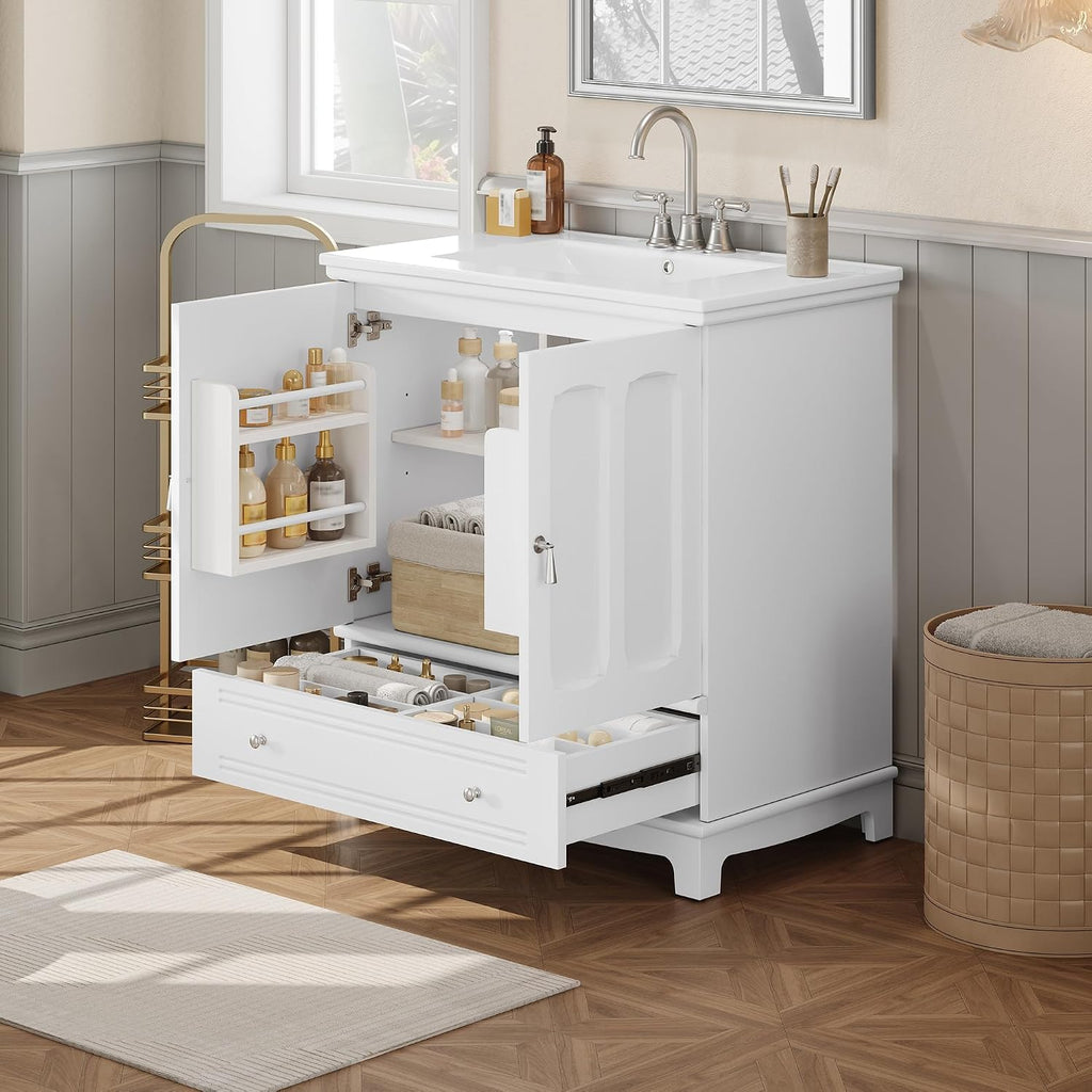 Merax 30 Inch Bathroom Vanity with Sink, Freestanding Painted Bathroom Vanity Cabinet with 2 Doors & 2 Drawers, Solid Wood Frame, Ceramic Sink