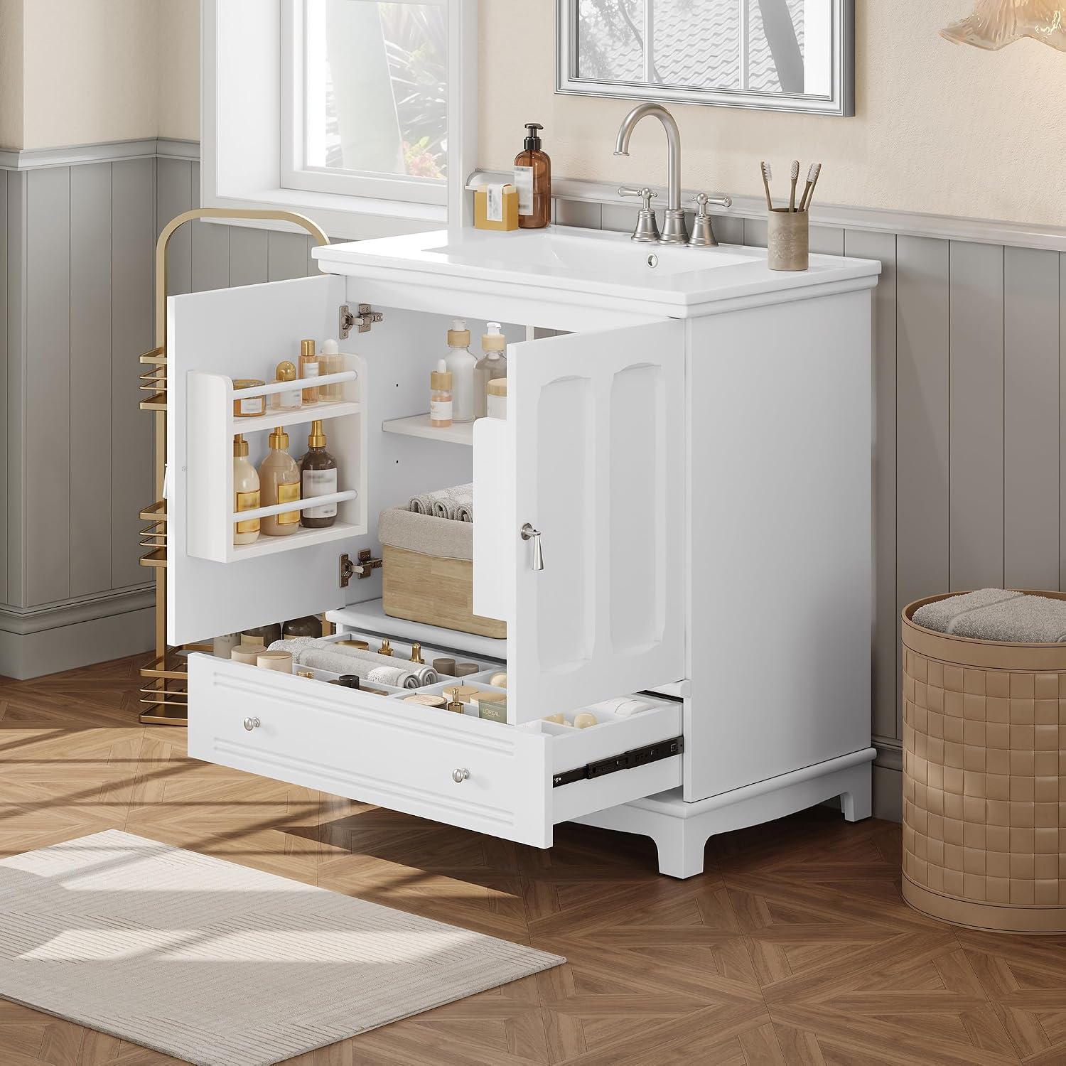 Merax 30 Inch Bathroom Vanity with Sink, Freestanding Painted Bathroom Vanity Cabinet with 2 Doors & 2 Drawers, Solid Wood Frame, Ceramic Sink