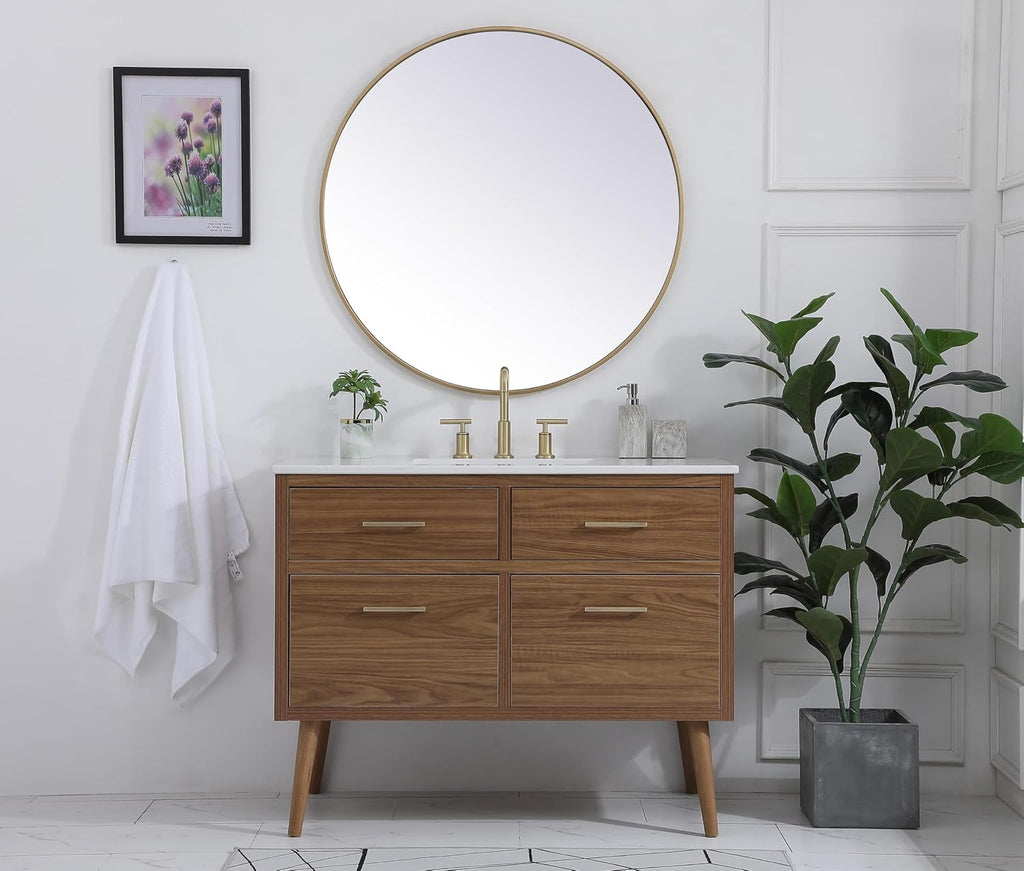 42' Pre-Assembled Bathroom Vanity with Sink, Engineered Wood, Ivory White Engineered Marble Countertop Attached, Single Rectangle Porcelain Sink, 2 Soft-Close Drawers, Walnut Brown