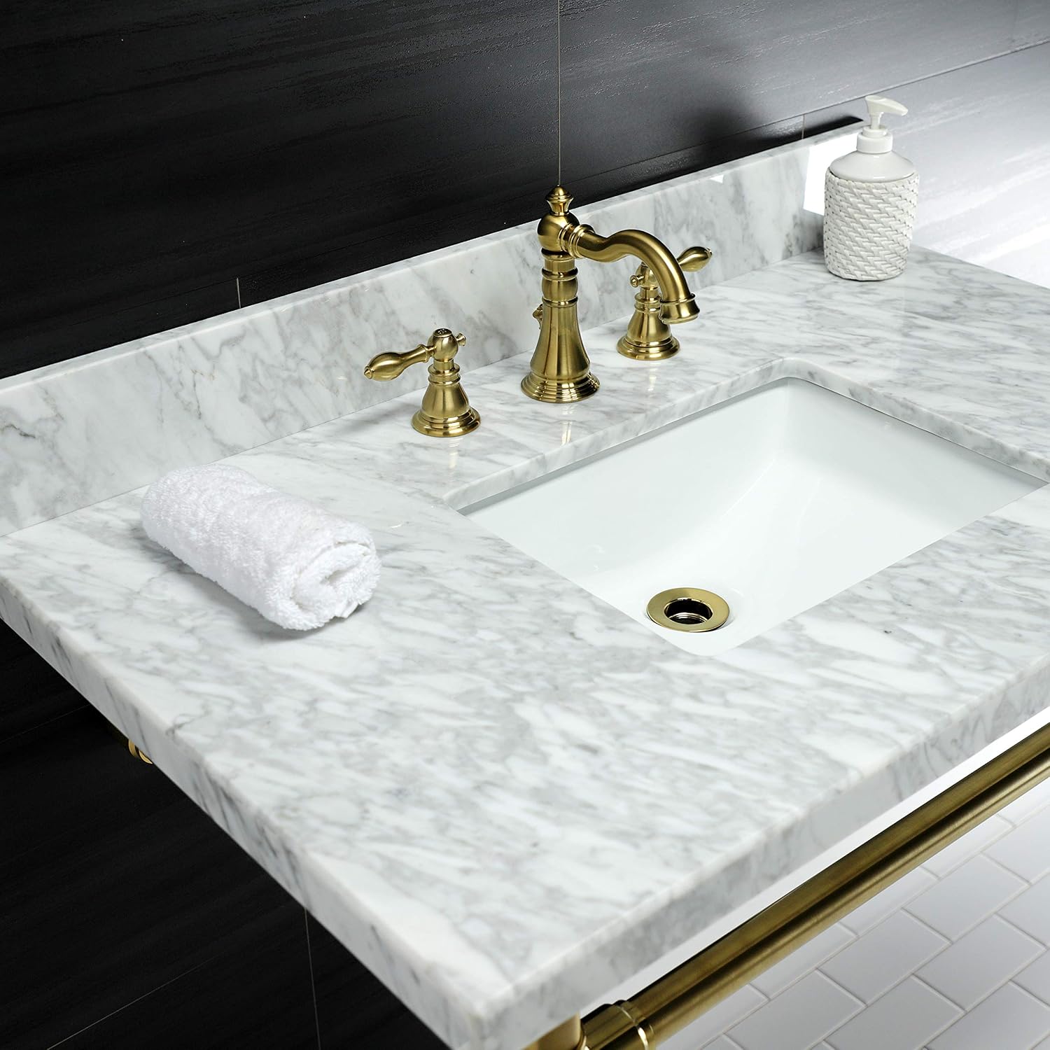 Kingston Brass KVPB36M8SQ7ST Dreyfuss 36' Carrara Marble Vanity Top with Stainless Steel Legs, Marble White/Brushed Brass