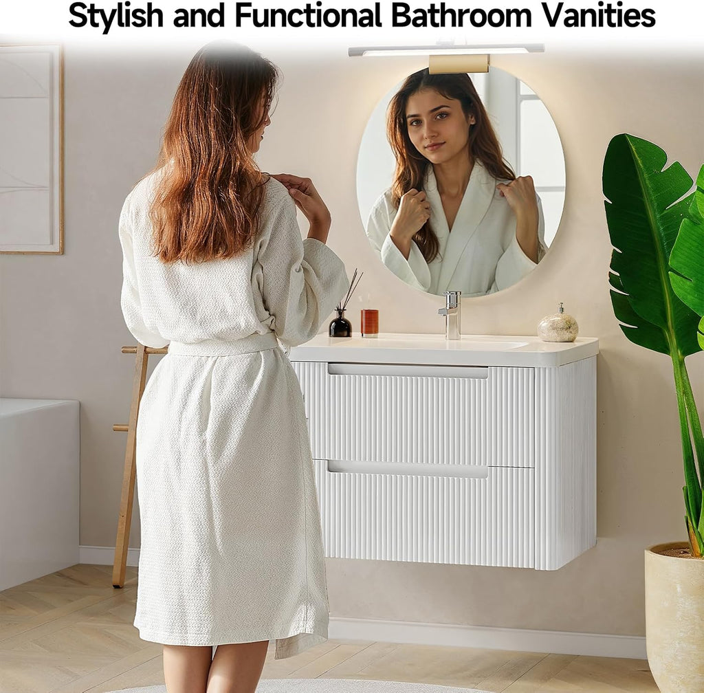 ONBRILL Modern Bathroom Vanity with Sink Combo, Curved Floating Bath Vanity with 2 Drawers, Wall Mount Bathroom Vanities with Integrated Ceramic Sink for Small Space, Apartment (White, 32')