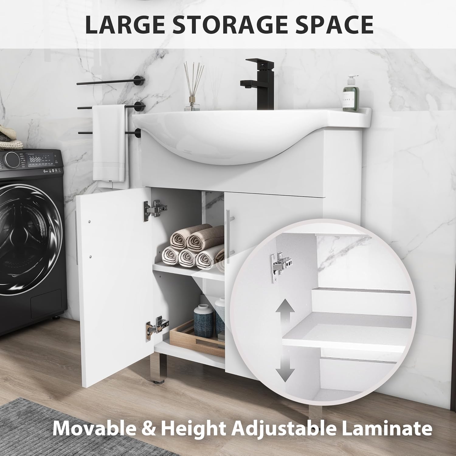 LUCKWIND 24 Inch White Laundry Sink Cabinet Set with Ceramic Belly Bowl Sink and Faucet - Bathroom Vanity Combo, Ceramic Utility Sink for Laundry, Utility Room, Bathroom, Kitchen