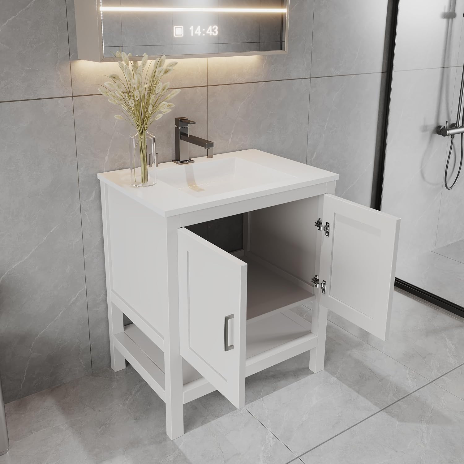 30' Bathroom Vanity with Sink – Freestanding Solid Wood Cabinet with Open Shelf, Soft-Close Doors, Matte White Resin Integrated Top (31' Top Included, White)