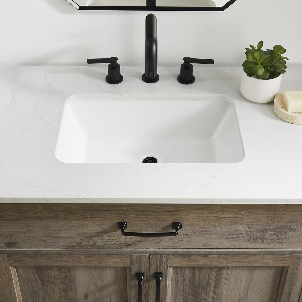 Mia Brown Grey Oak Wood 36-Inch Single Bathroom Vanity with Sink, Double Shaker Door Cabinet, Adjustable Shelf, Matte Black Handles, Pre-Drilled Marbled White Stone Top, Freestanding, Fully Assembled