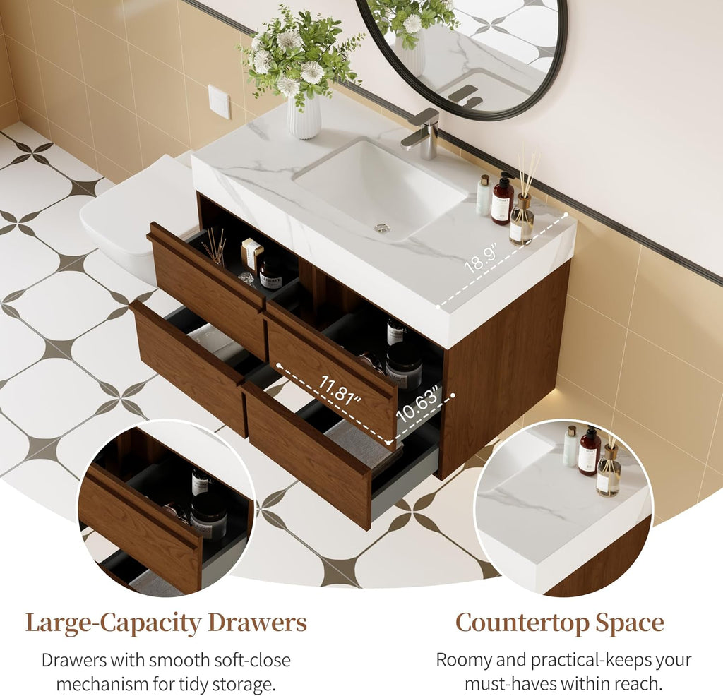 36 Inch Floating Bathroom Vanity with Sink Combo, Modern Sintered Stone Top Wood Bathroom Storage Cabinet, Ceramic Single Sink Vanity, Pre-Assembled with Drawers