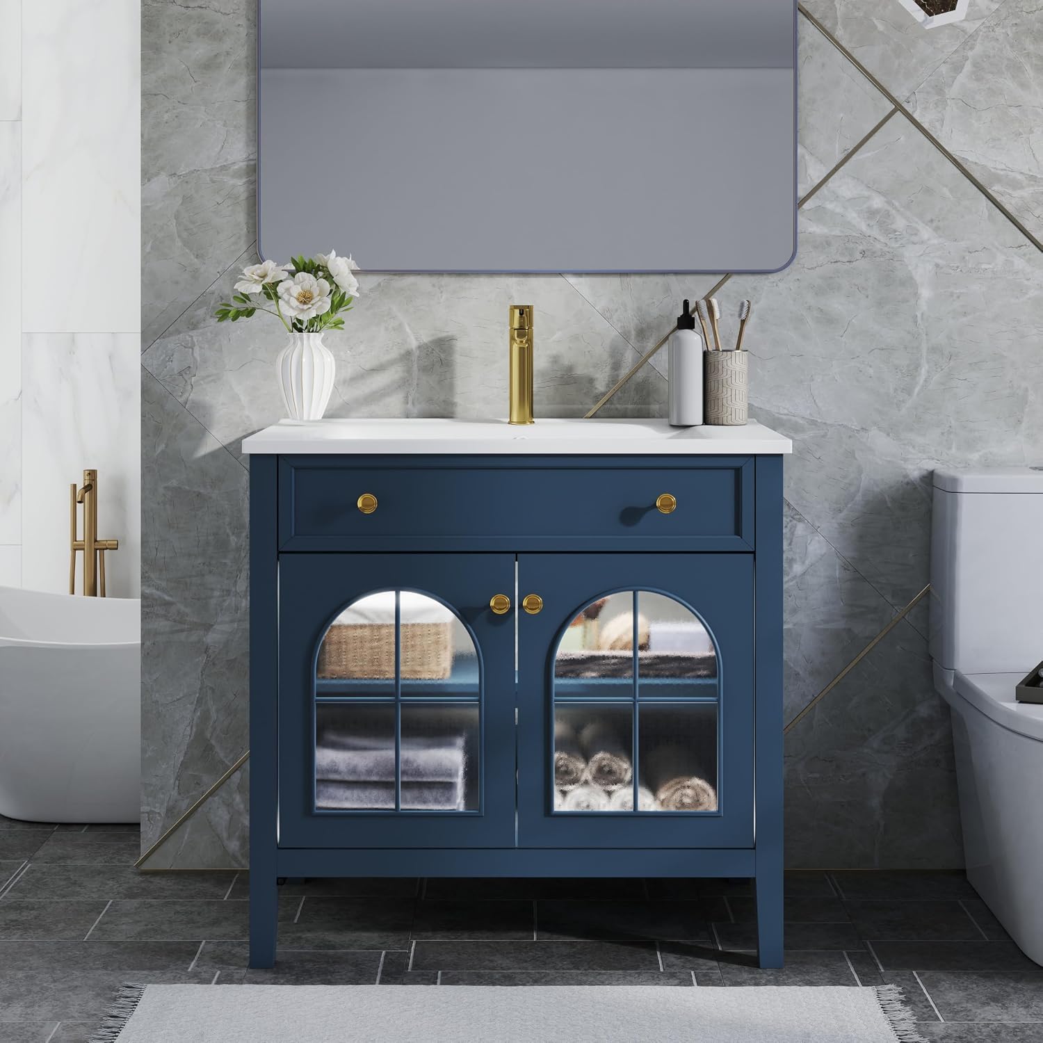 36 inch Bathroom Vanity with Sink Combo, Mid Century Modern Freestanding Bathroom Cabinet with Integrated Ceramic Sink, Flip Top Drawer, Flower Patterned Glass Doors, Adjustable Shelves, Blue